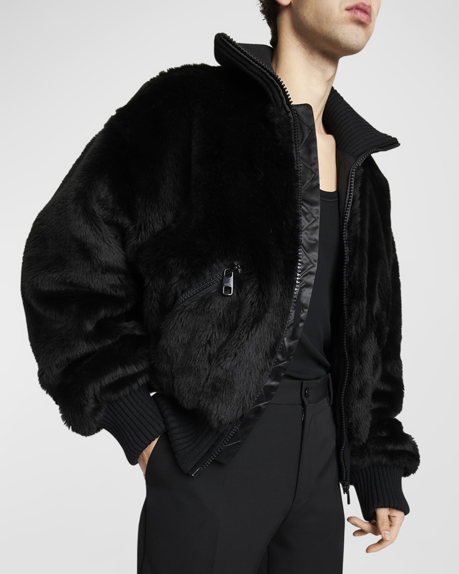 Black faux fur crested button aviator jacket online