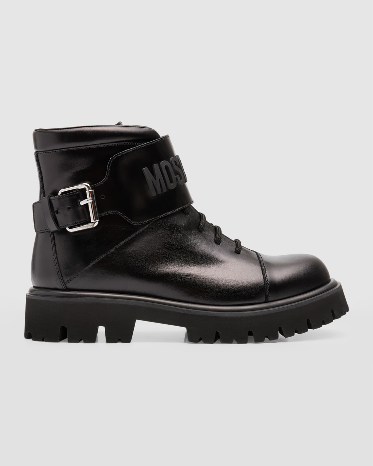 Moschino Men's Leather Logo Combat Boots | Neiman Marcus