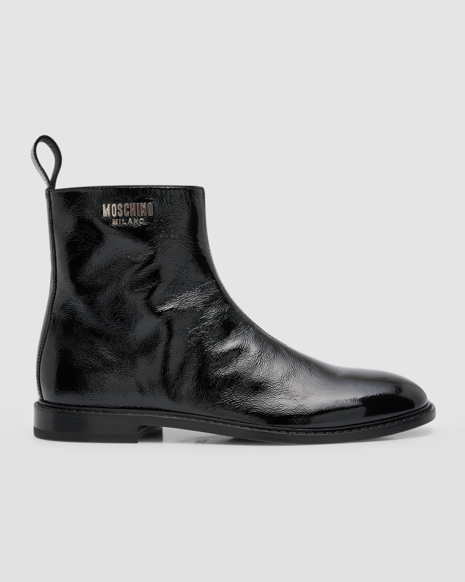 Moschino Men's Textured Logo-Plate Ankle Boots | Neiman Marcus