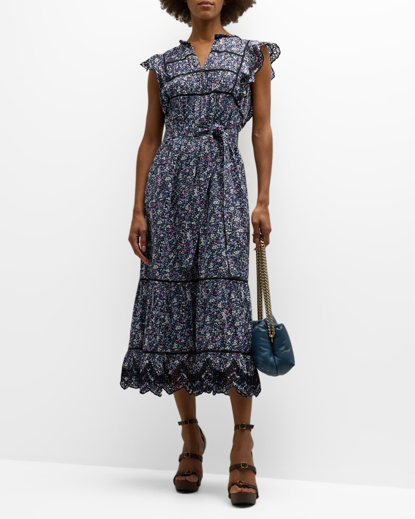 Rails Sofie Embroidered Floral-Print Midi Dress | Neiman Marcus
