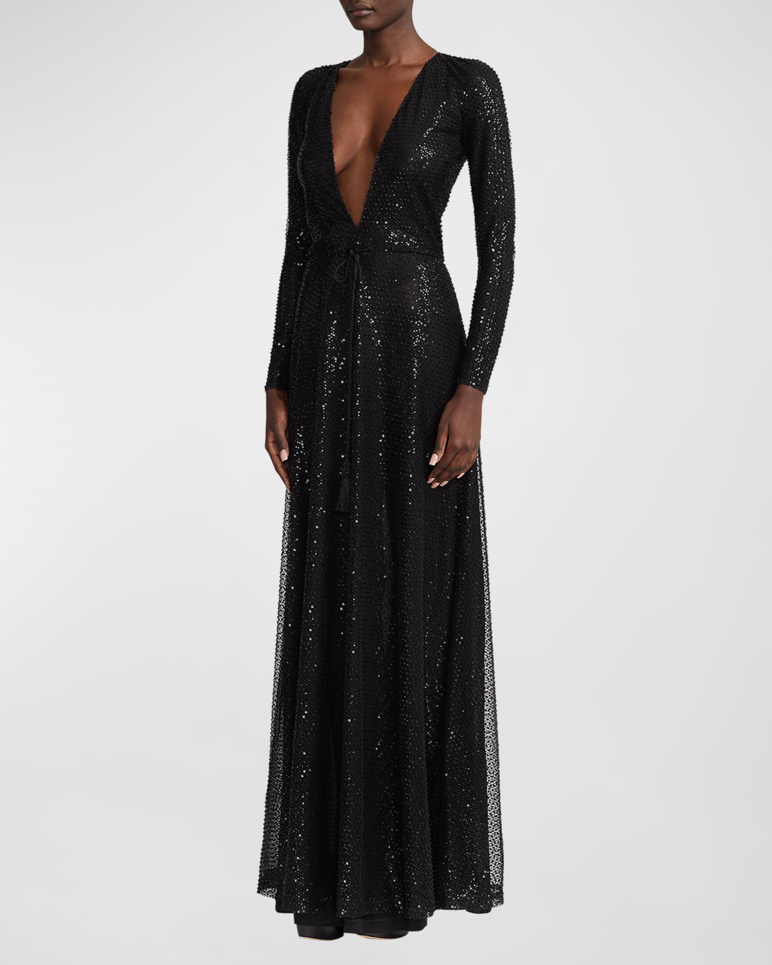 Ralph Lauren Collection Carmelo Plunging Embellished Long-Sleeve Gown ...
