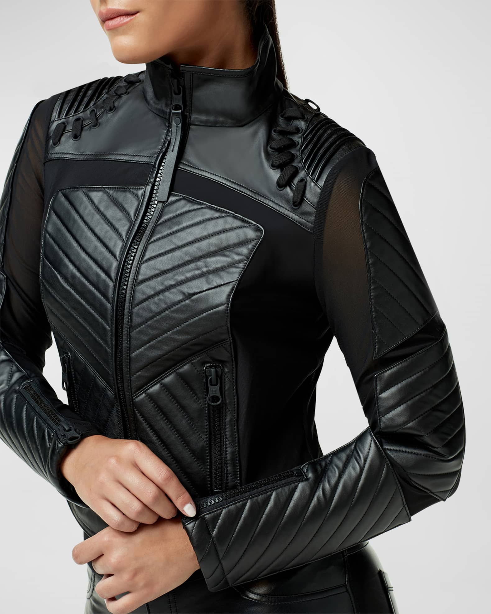 Blanc Noir Acceleration Leather Moto Mesh Jacket | Neiman Marcus