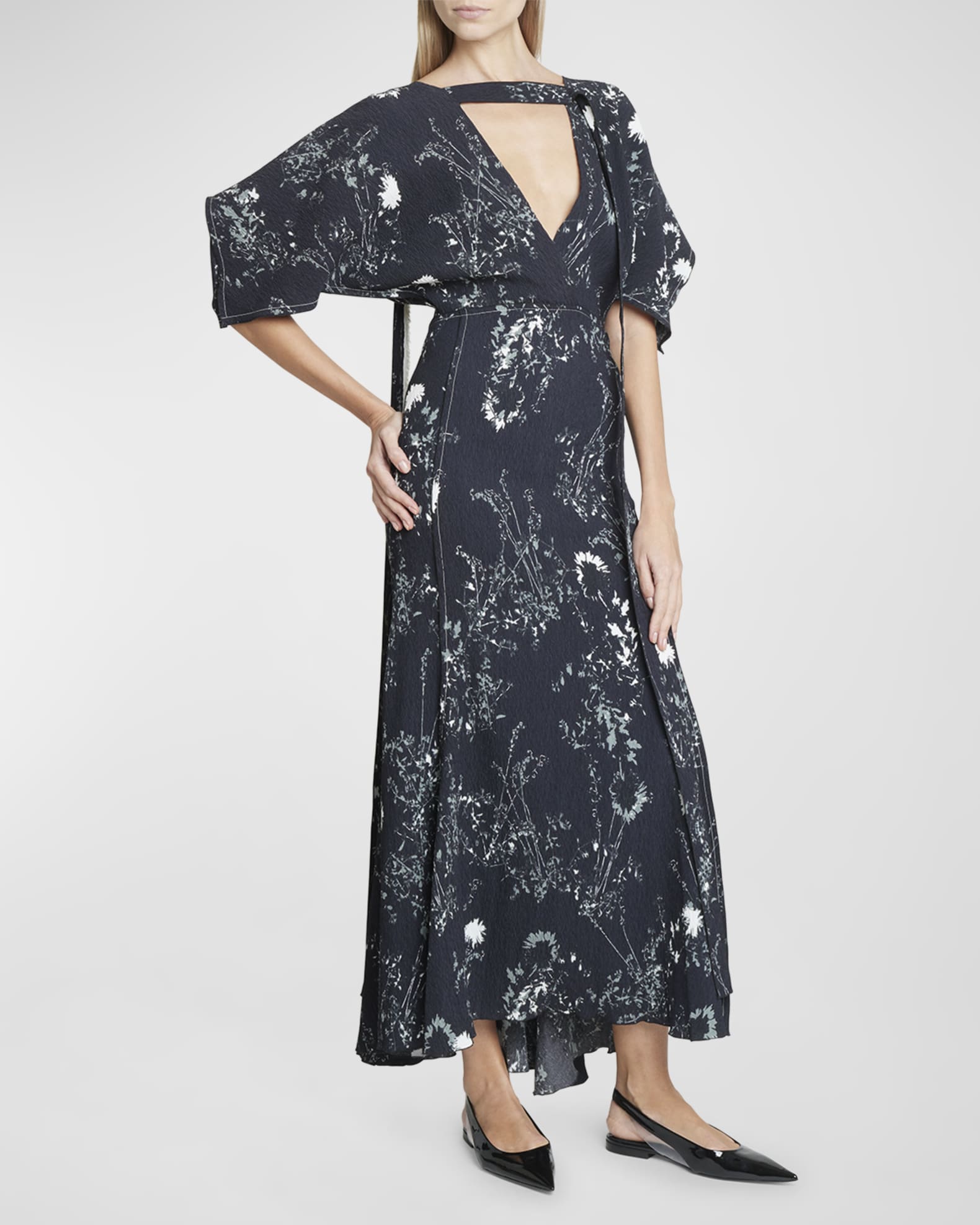 Victoria Beckham V-Neck Floral-Print Godet Dress with Sash Detail ...