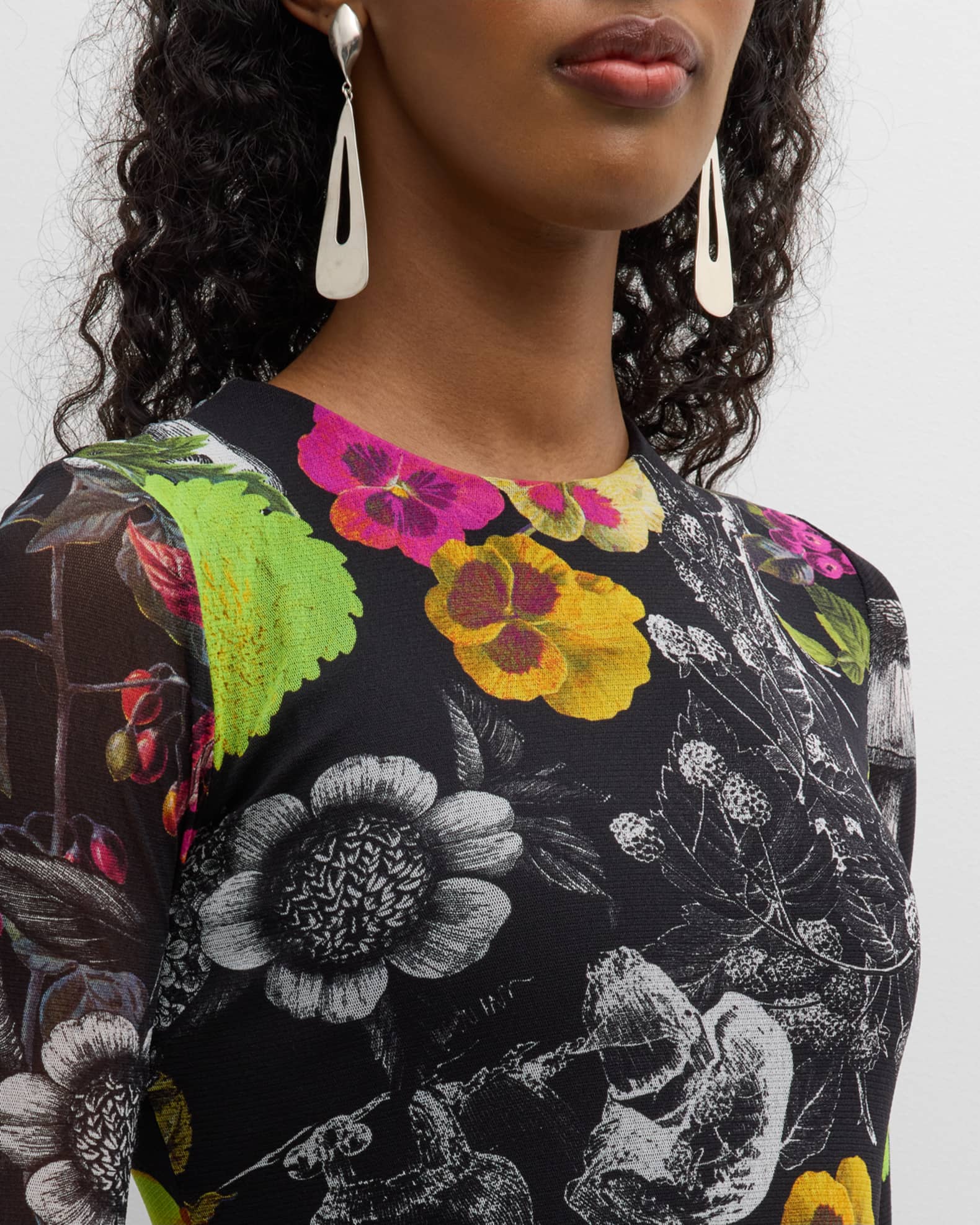 Fuzzi Long-Sleeve Floral-Print Tulle Midi Dress | Neiman Marcus