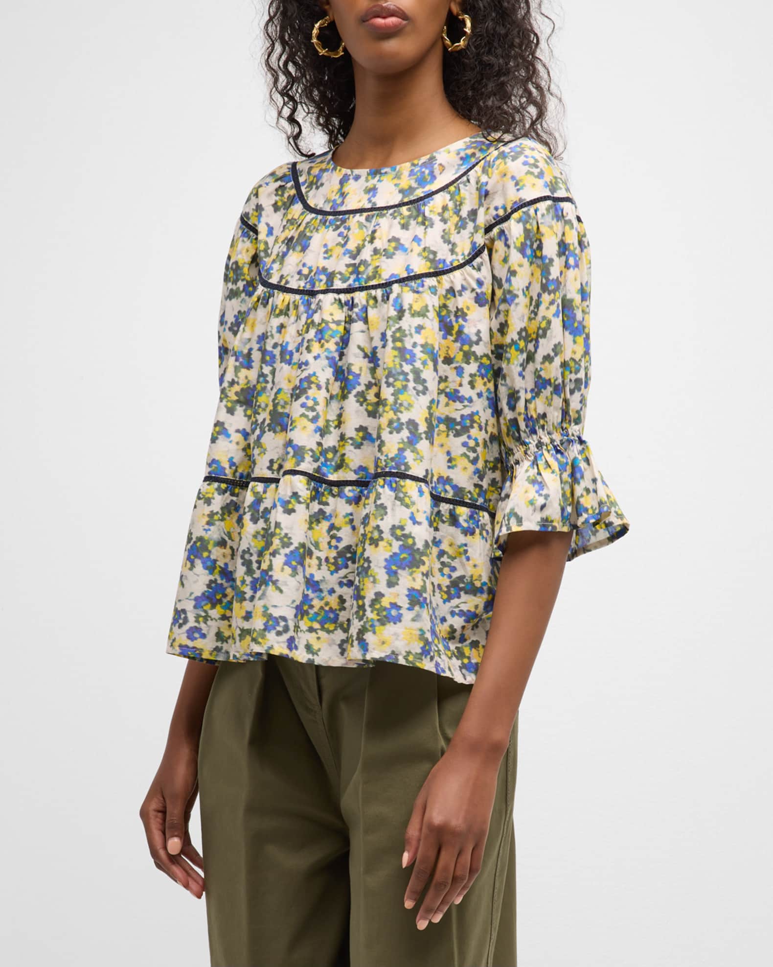 Merlette Sol Floral-Print Blouson-Sleeve Lawn Blouse | Neiman Marcus