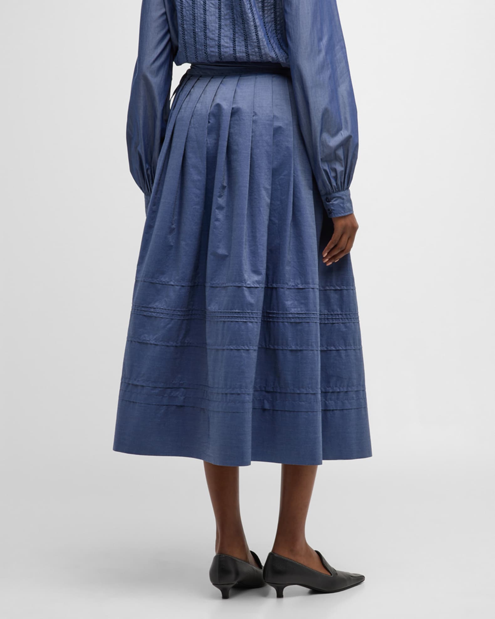Merlette Aparejo Pleated A-Line Cotton Midi Skirt | Neiman Marcus