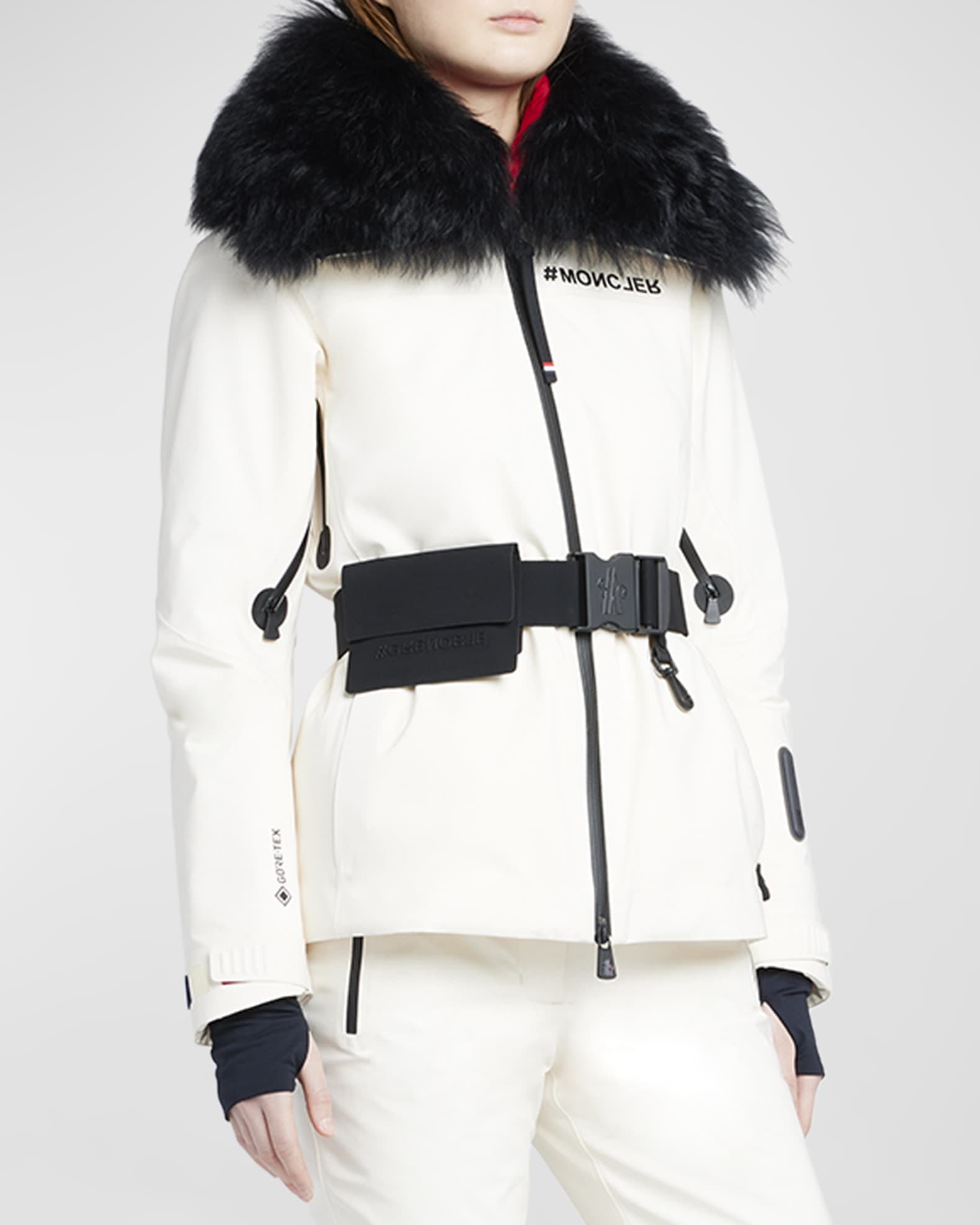 Belted shearling-trimmed down jacket