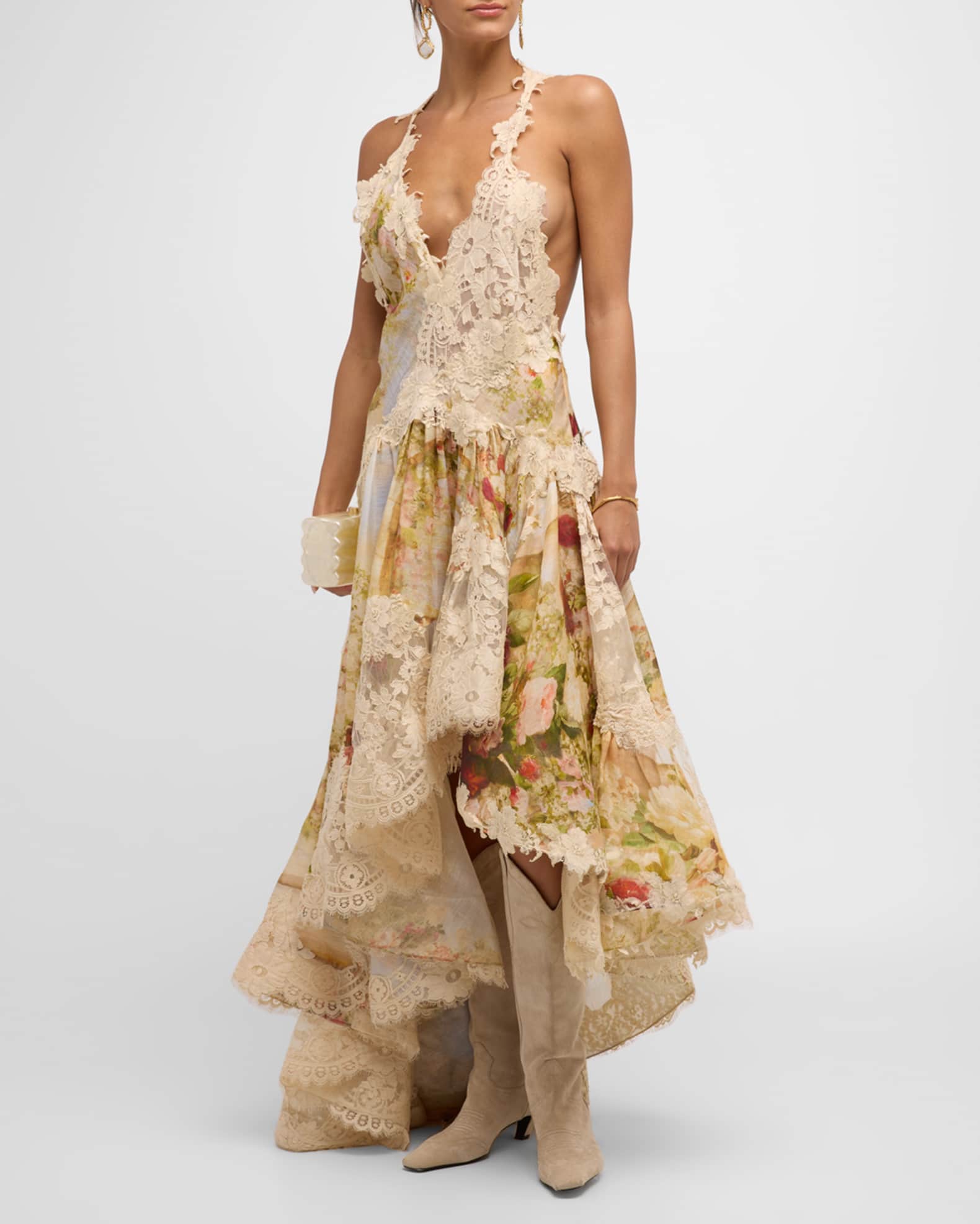 Zimmermann Luminosity Plunging Spliced Lace Maxi Dress | Neiman Marcus