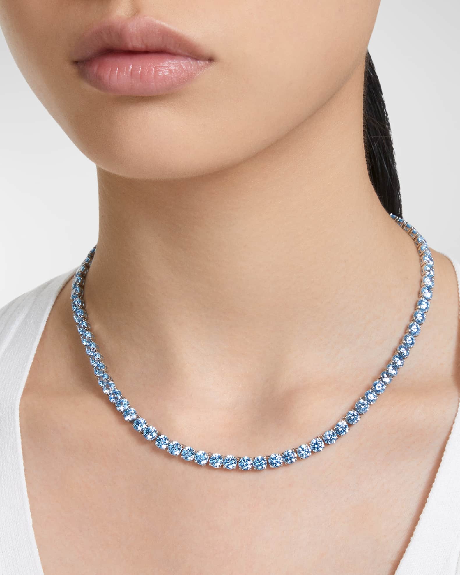 Matrix Rhodium Plated Round Cut Blue Crystal Tennis Necklace