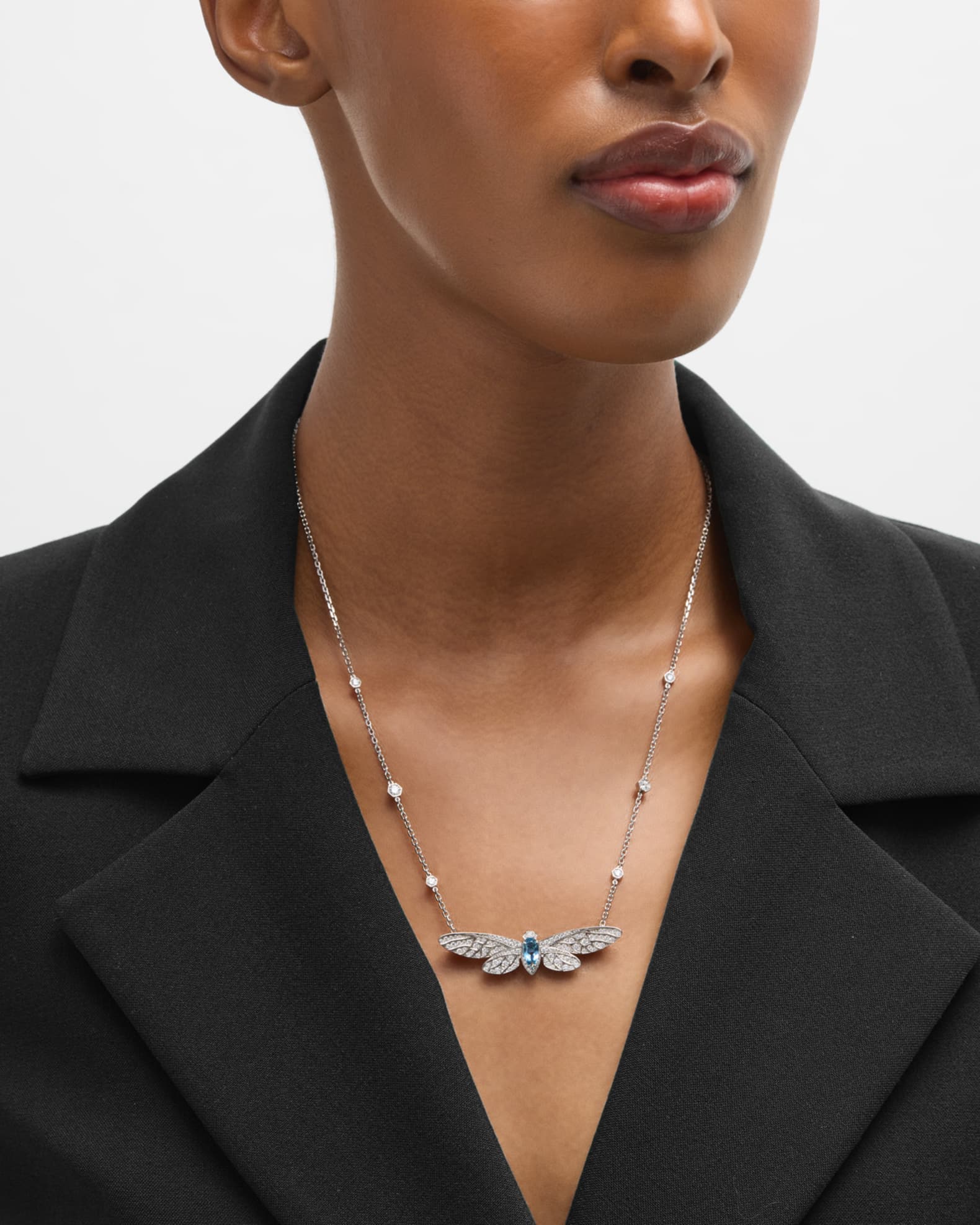 Cicada 18K White Gold Diamond & Aquamarine Pendant Necklace 1