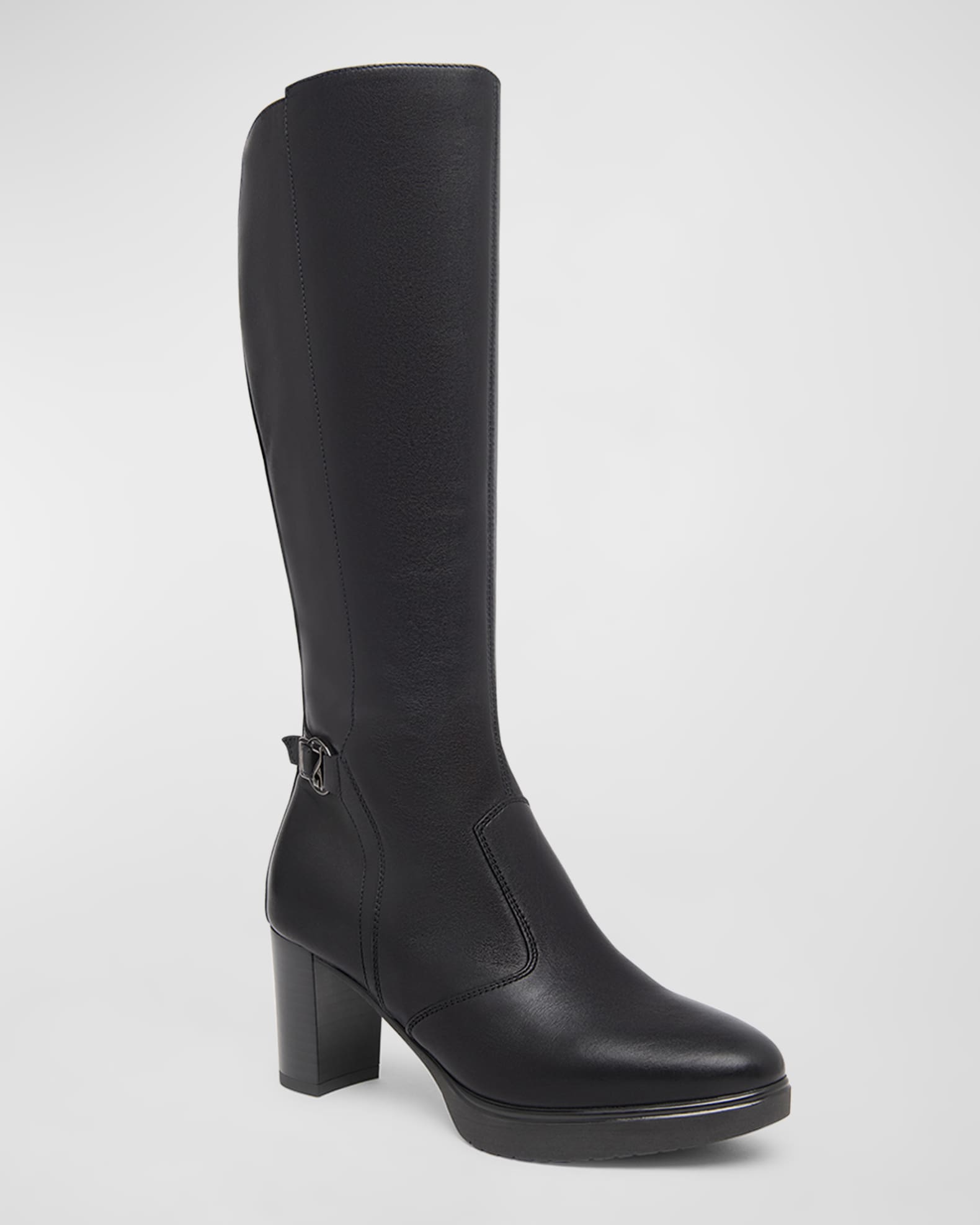 Leather Buckle Block Heel Knee Boots