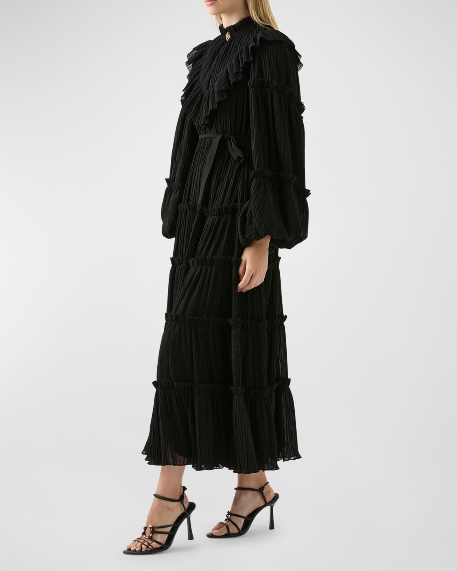 Aje Robyn Tiered Balloon-Sleeve Belted Midi Dress | Neiman Marcus