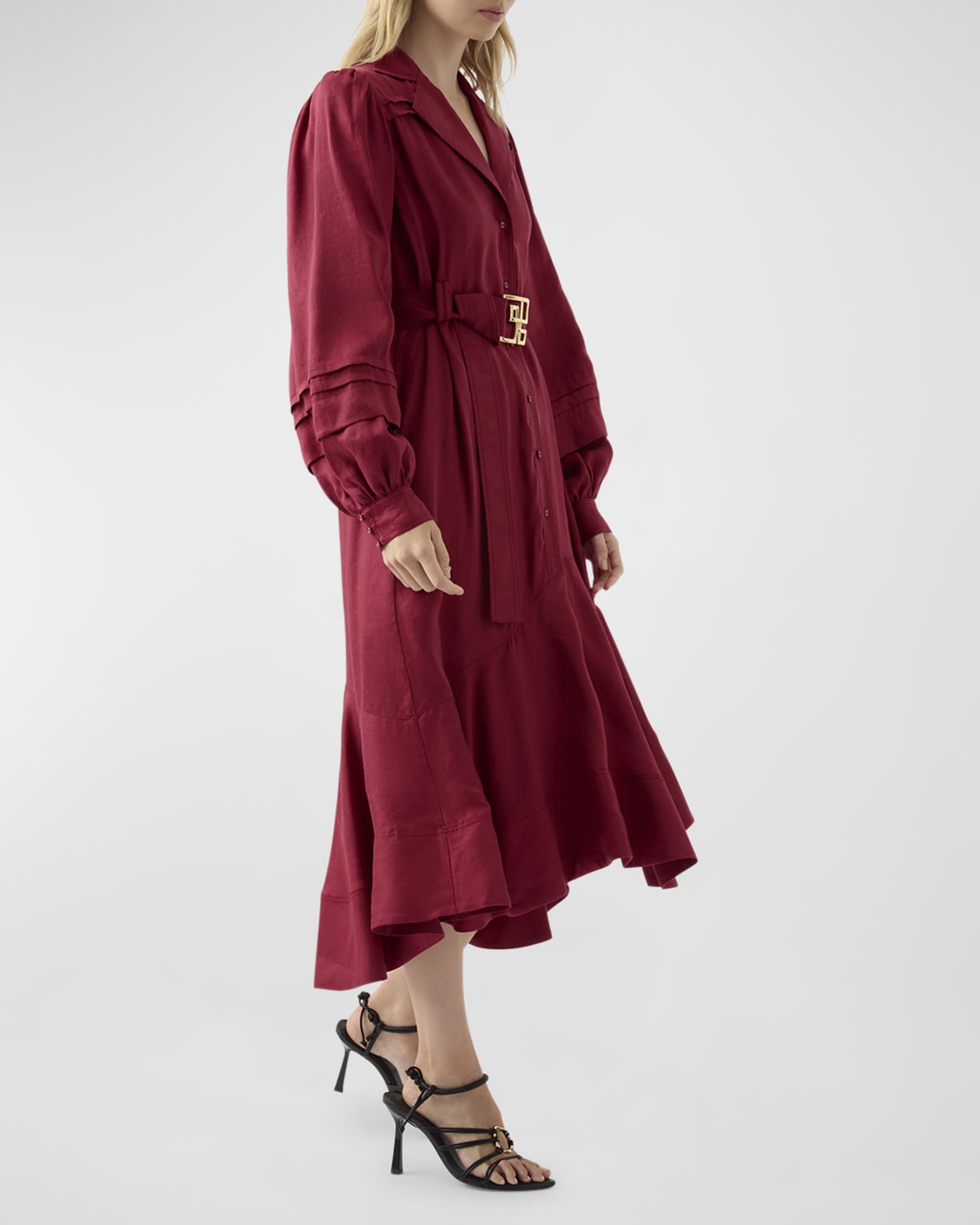 Caroline Belted Blouson-Sleeve Midi Dress