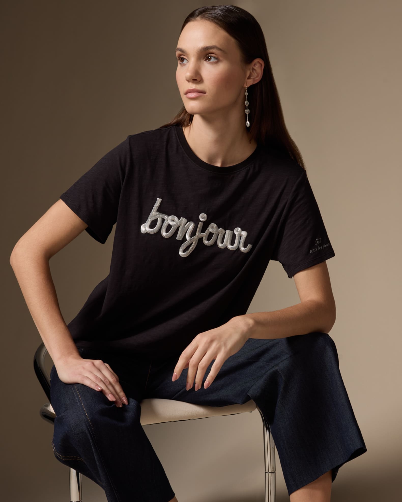 Cinq a Sept Bonjour Fringe Embroidered Shrunken T-Shirt