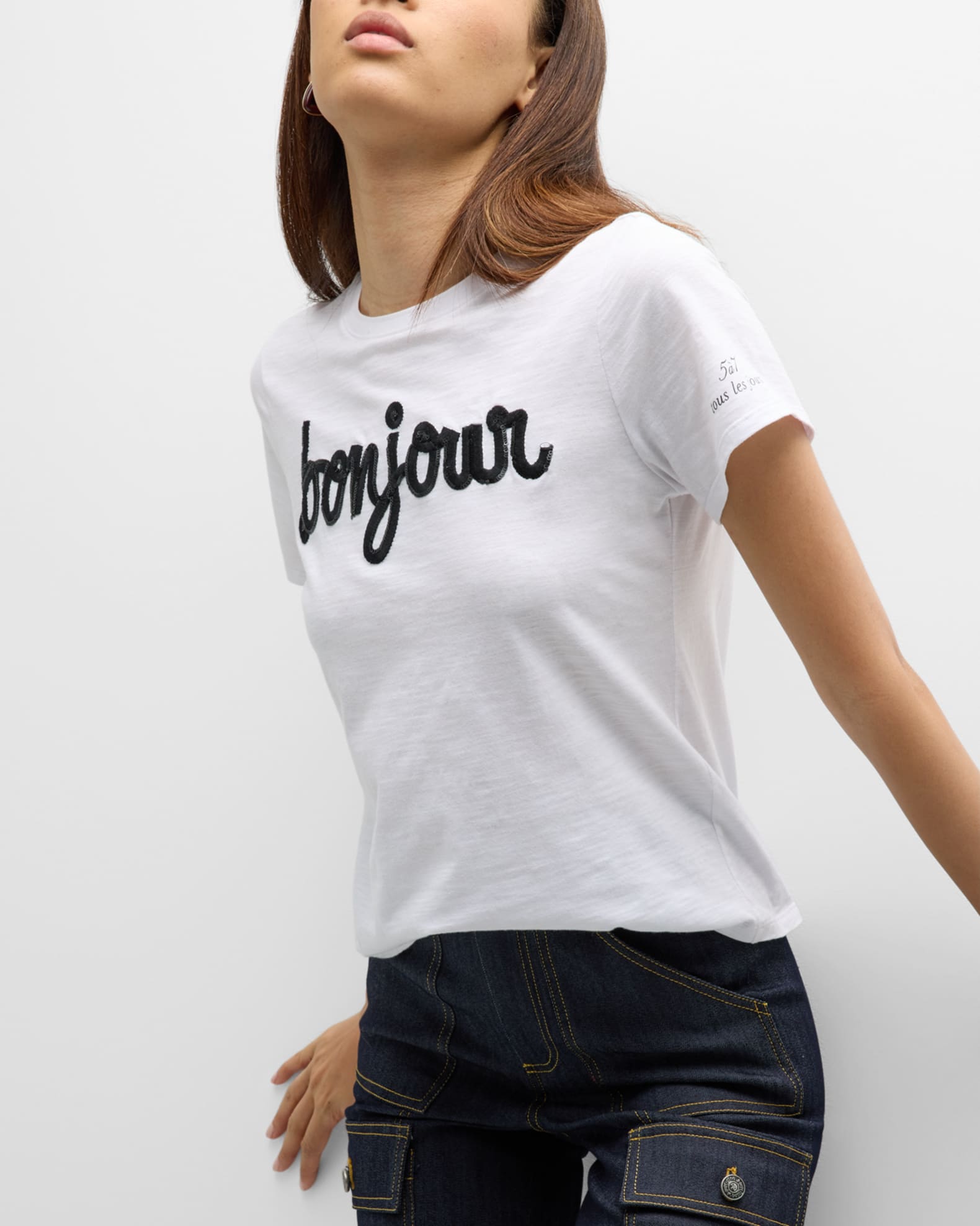 Cinq a Sept Bonjour Fringe Embroidered Shrunken T-Shirt