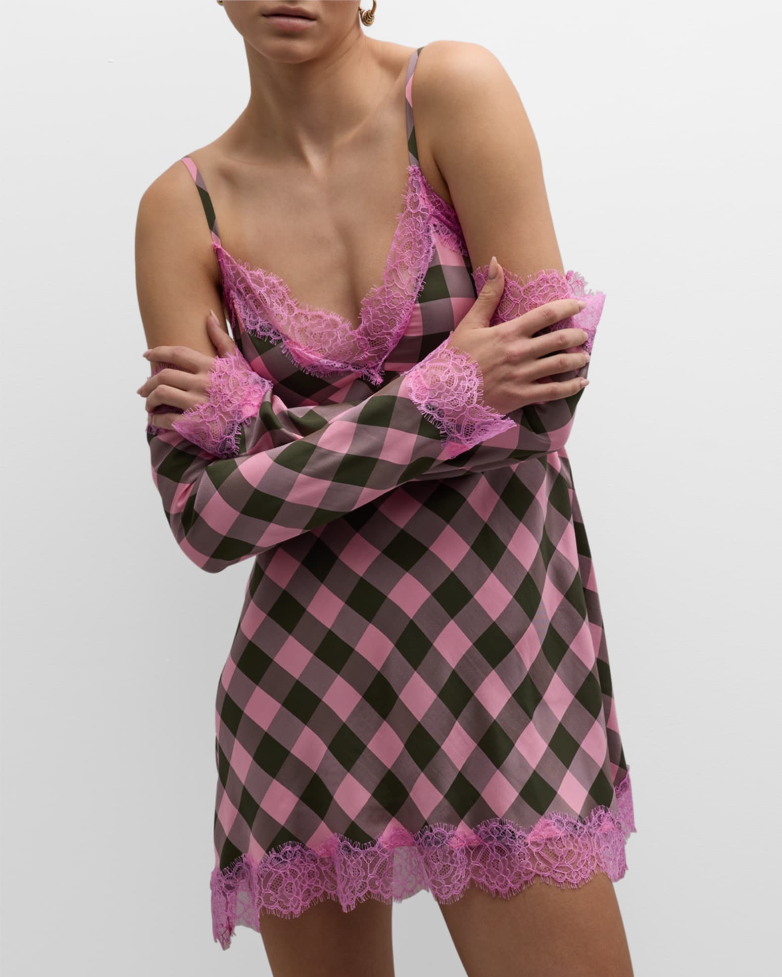 Moschino Jeans Check Lace Long-Sleeve Mini Dress | Neiman Marcus