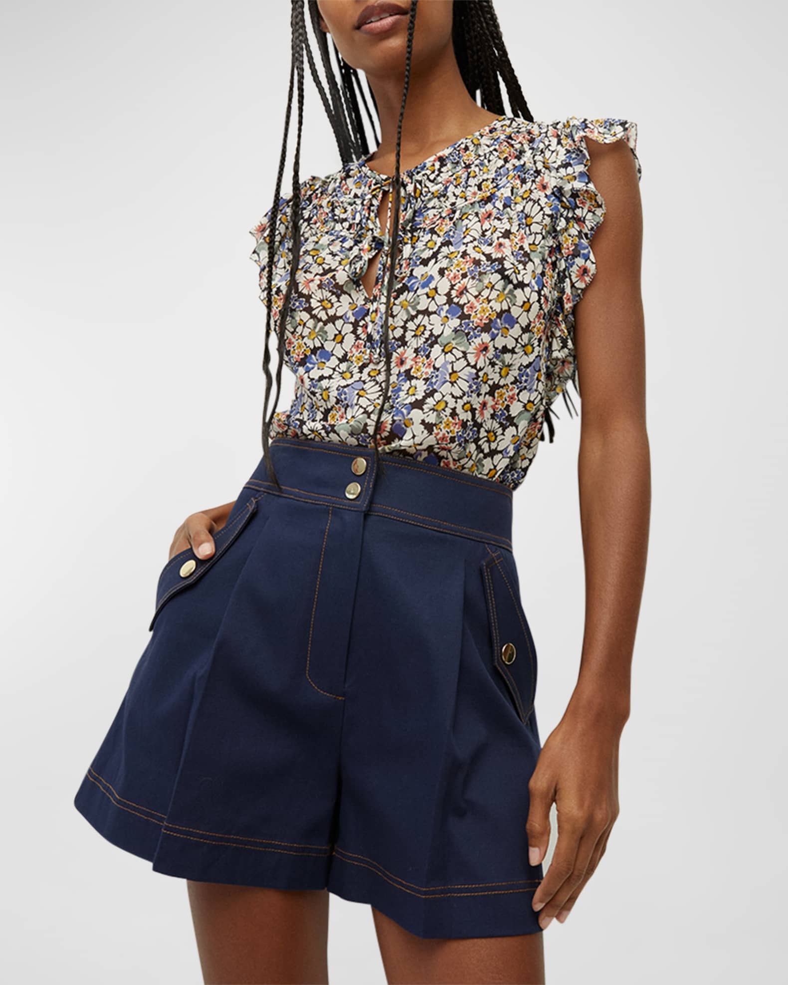 Veronica Beard Ayan Floral Flutter-Sleeve Top