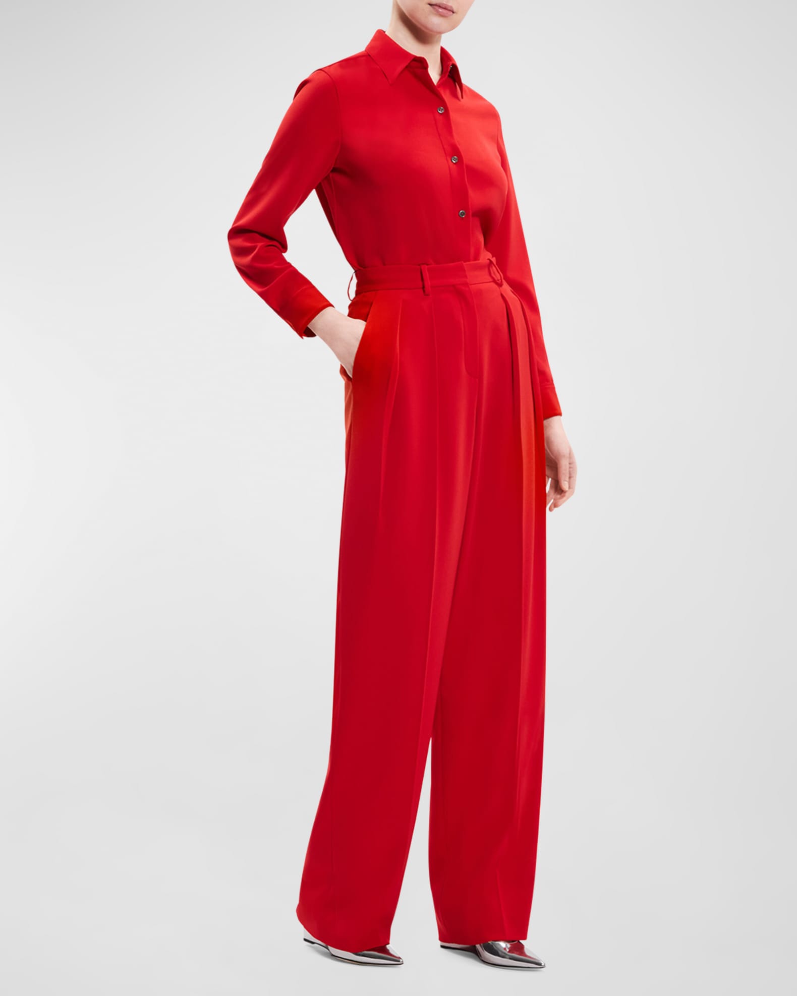 Theory DoublePleated MidRise Crepe Pants Neiman Marcus