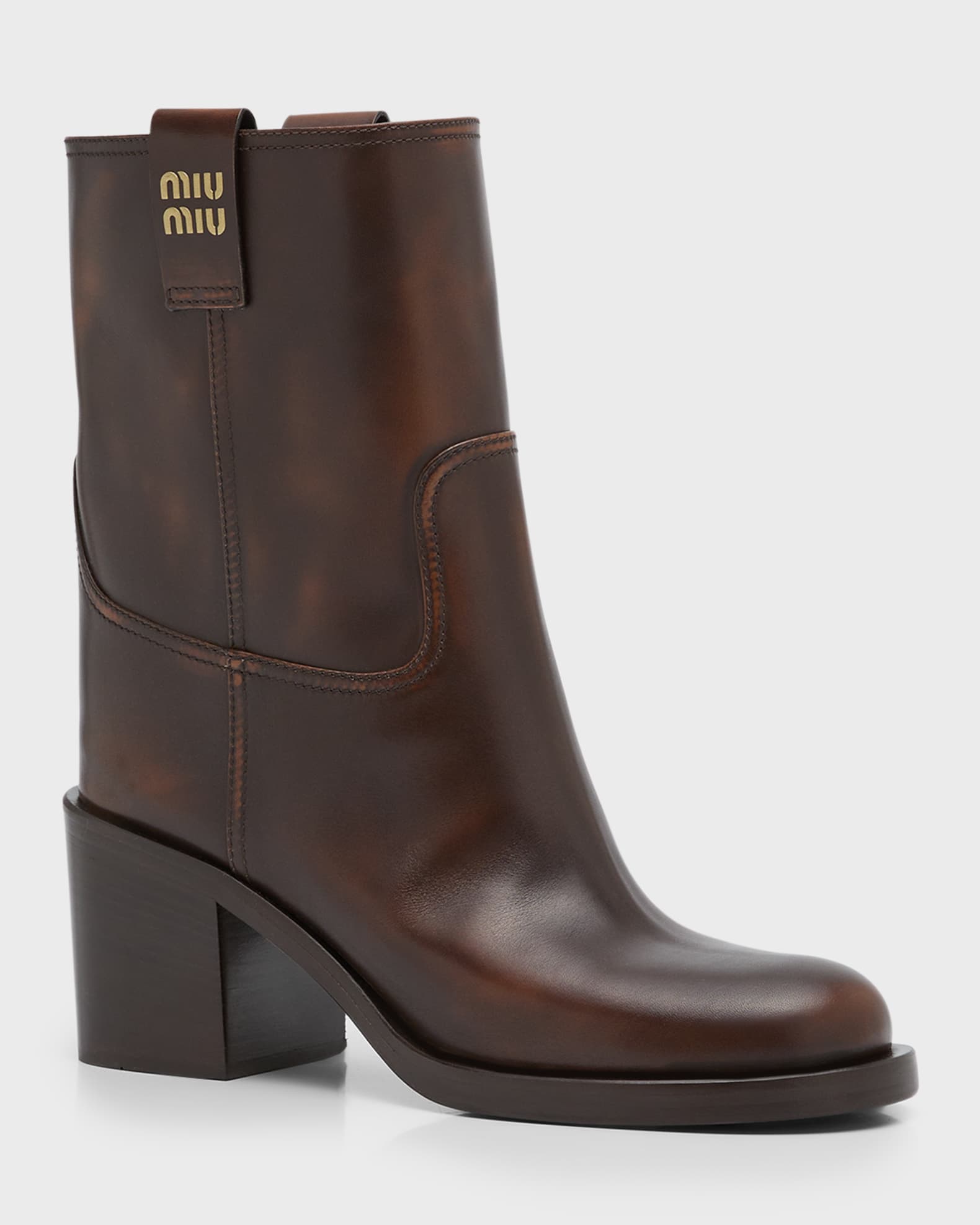 Miu Miu Calfskin Block-Heel Moto Booties | Neiman Marcus