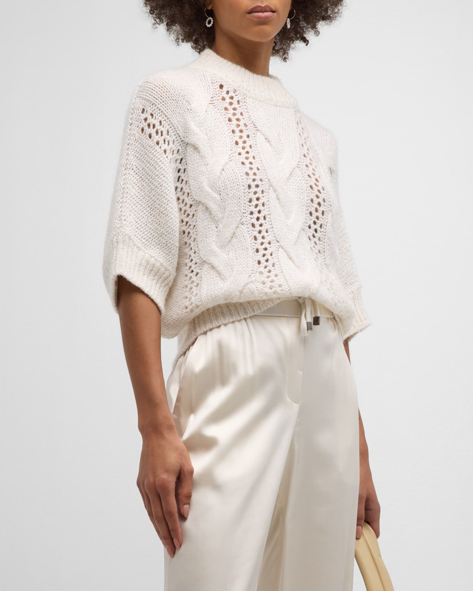 Peserico Sequin Cable-Knit Cashmere-Blend Tricot Sweater | Neiman Marcus