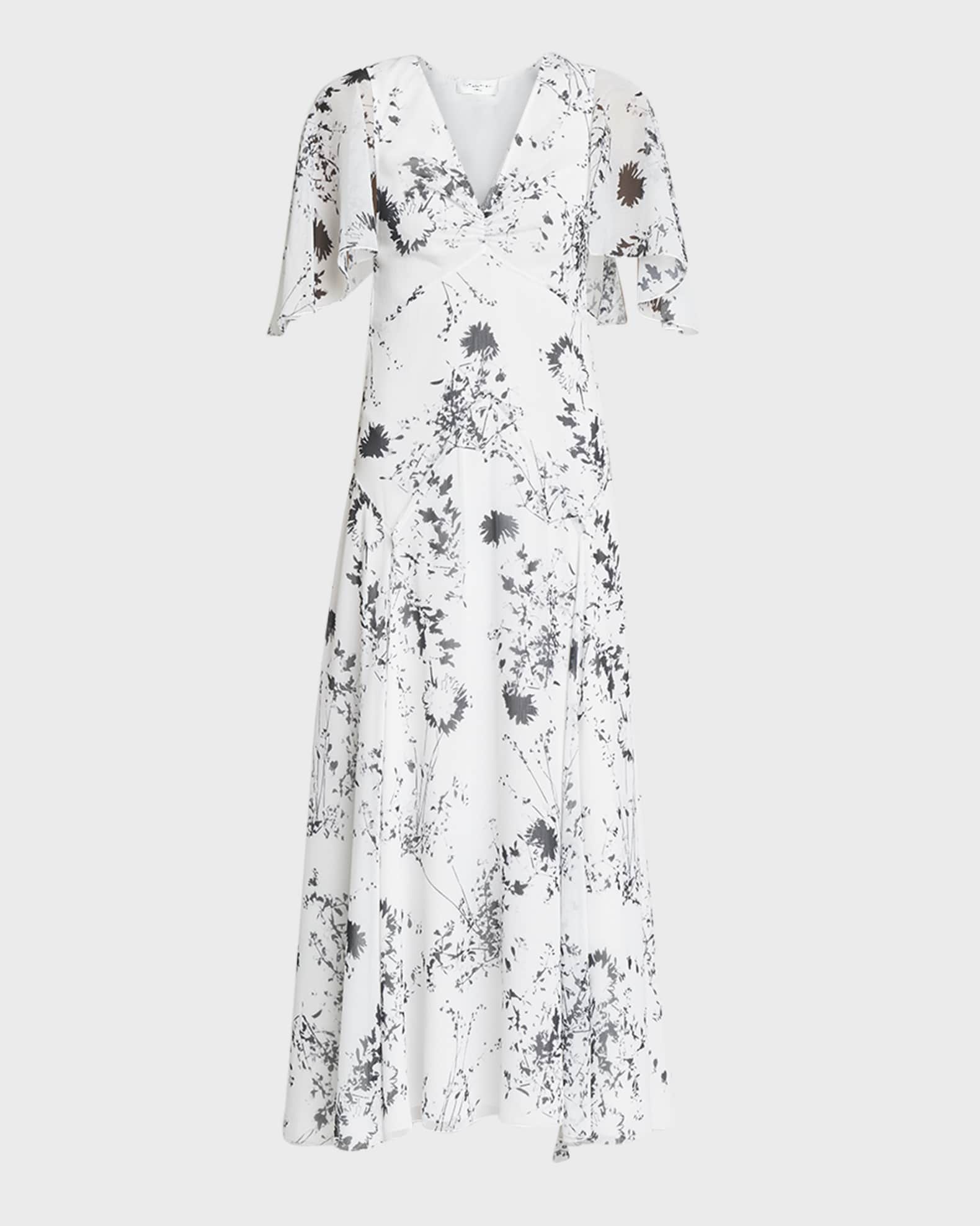 Victoria Beckham FloralPrint FlutterSleeve Godet Maxi Dress Neiman