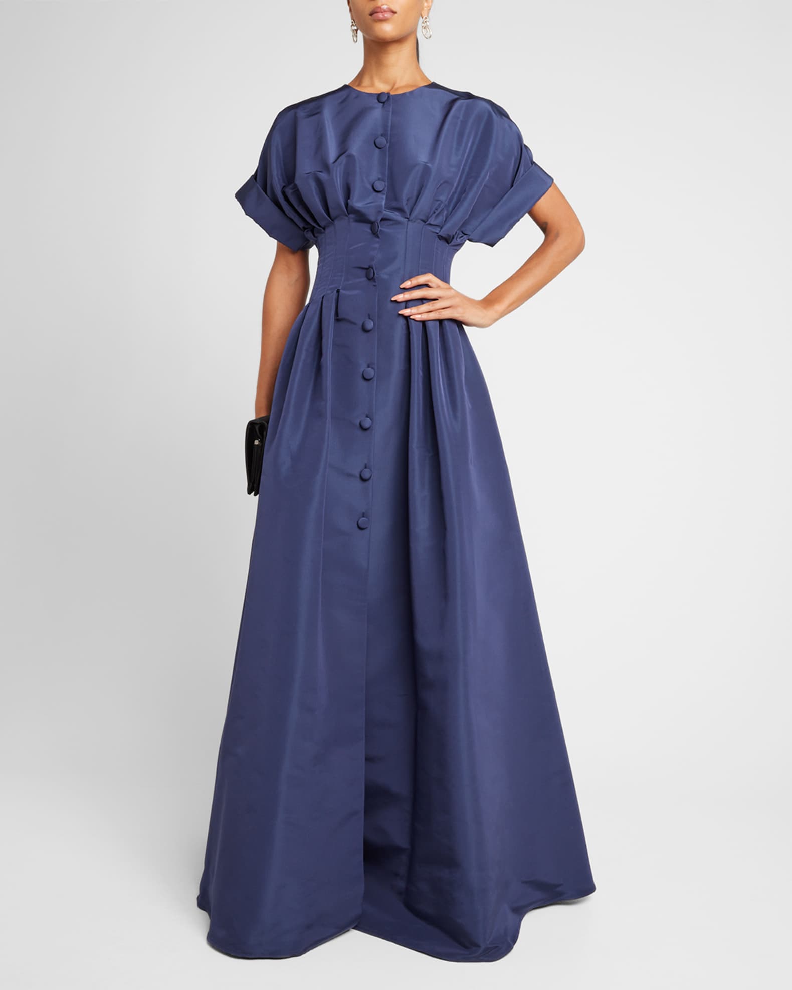 Corset-Waist Short-Sleeve Button-Front Gown 1