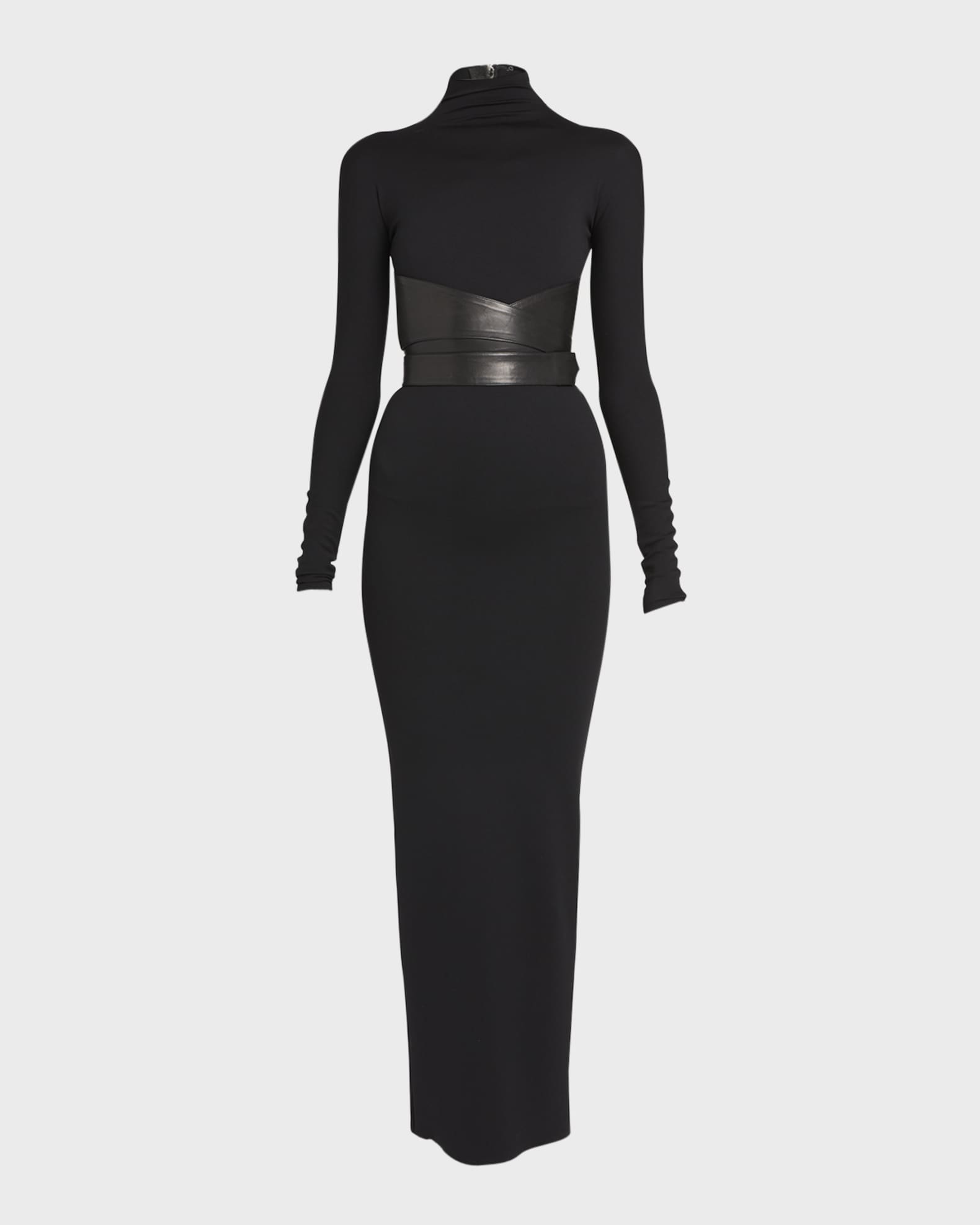 ALAIA Turtleneck Maxi Dress with Wrap Leather Belt | Neiman Marcus
