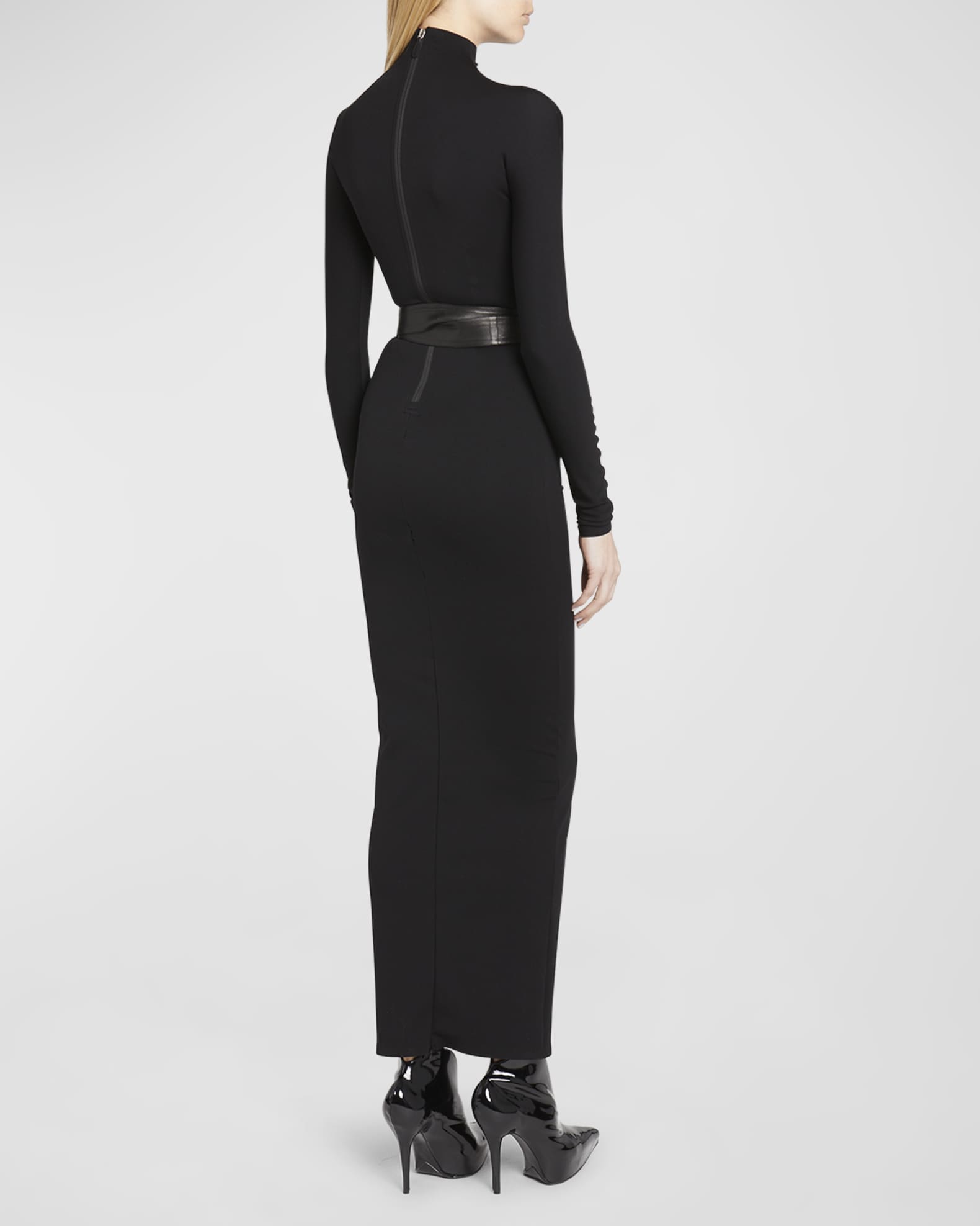 ALAIA Turtleneck Maxi Dress with Wrap Leather Belt | Neiman Marcus