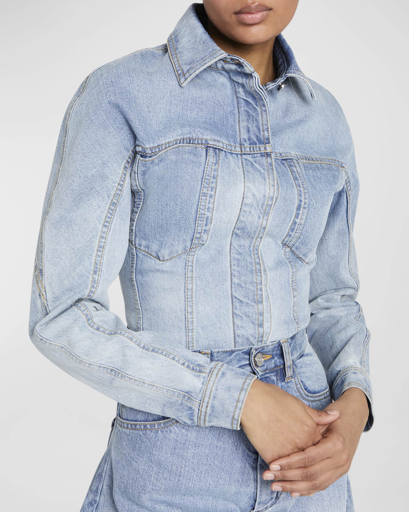 ALAIA Button-Front Fitted Denim Jacket | Neiman Marcus