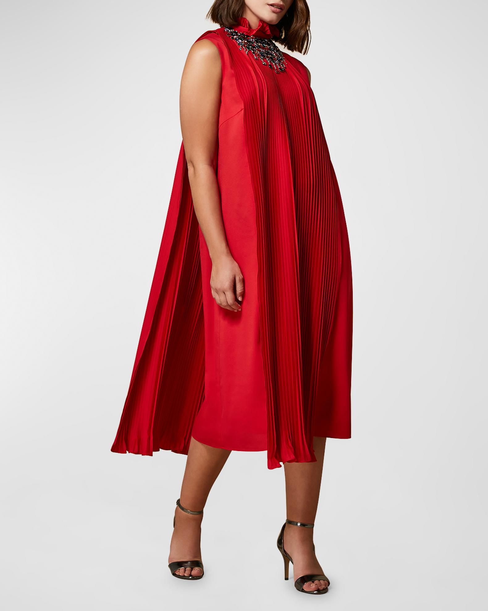 Marina Rinaldi Plus Size Depliant Pleated Crepe Midi Dress | Neiman Marcus