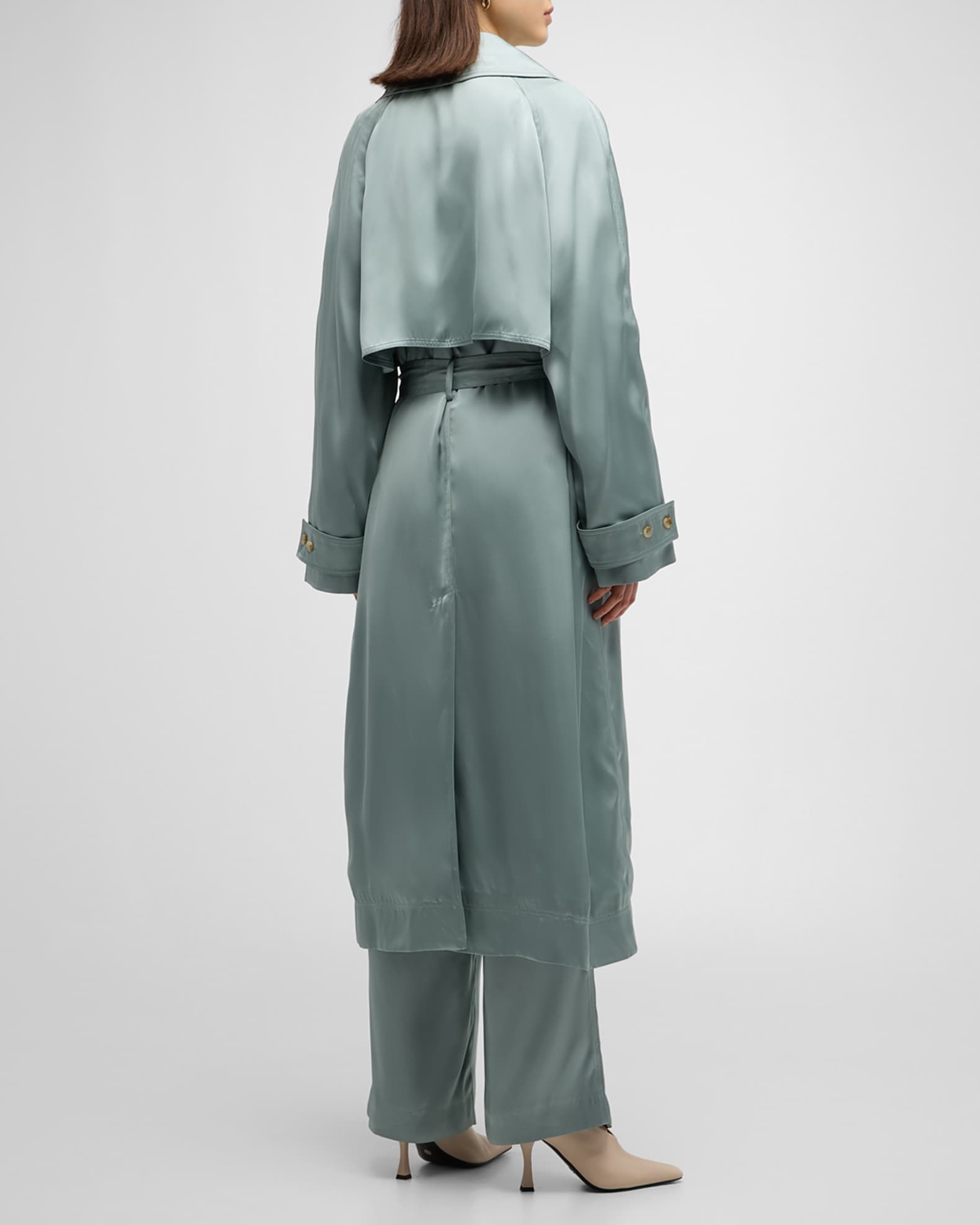 Flounce Sleeve Belted Longline Satin Trench Coat main image 1