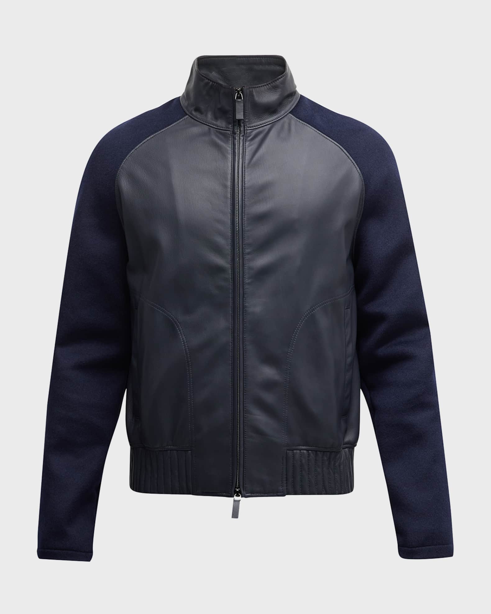Emporio Armani Men's Leather Bomber Jacket with Knit Sleeves | Neiman ...