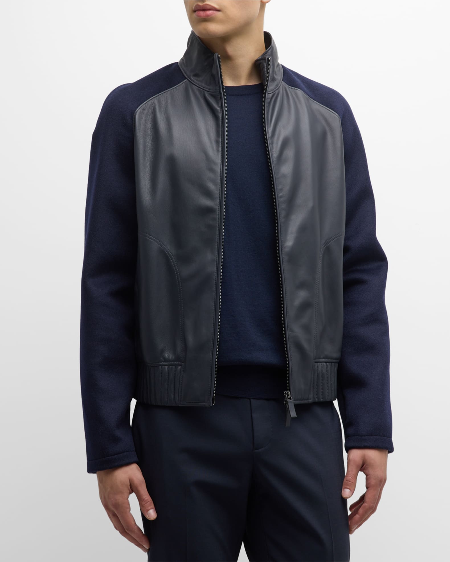 Leather jacket with knit sleeves shop