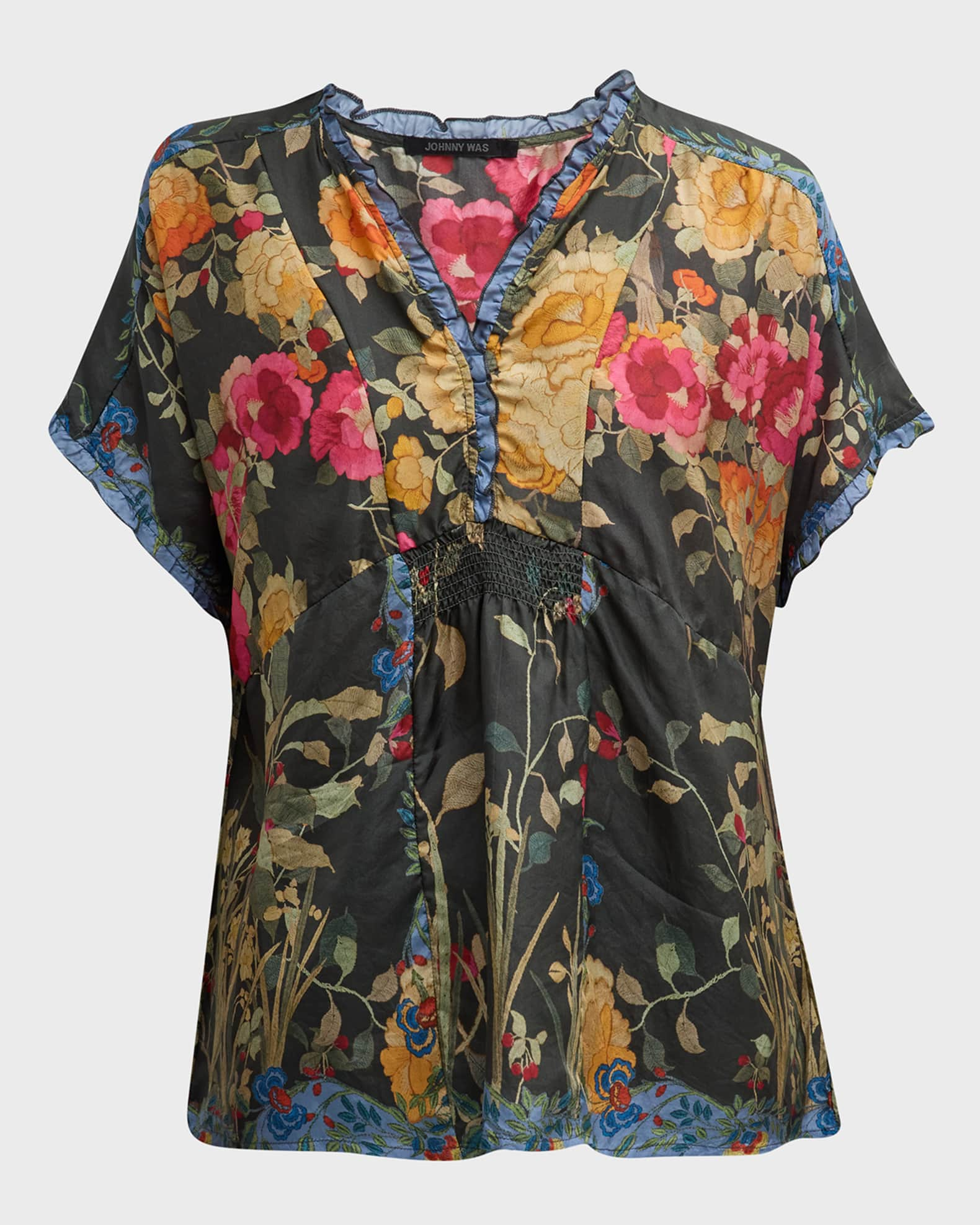 Johnny Was Graceful Galavant Floral-Print Ruffle Blouse | Neiman Marcus