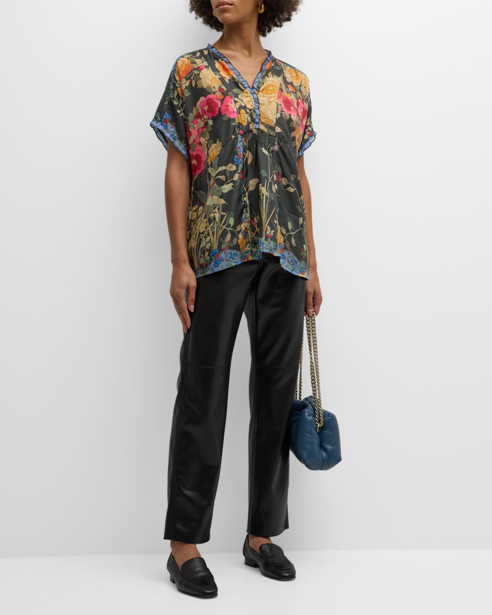 Johnny Was Graceful Galavant Floral-Print Ruffle Blouse | Neiman Marcus