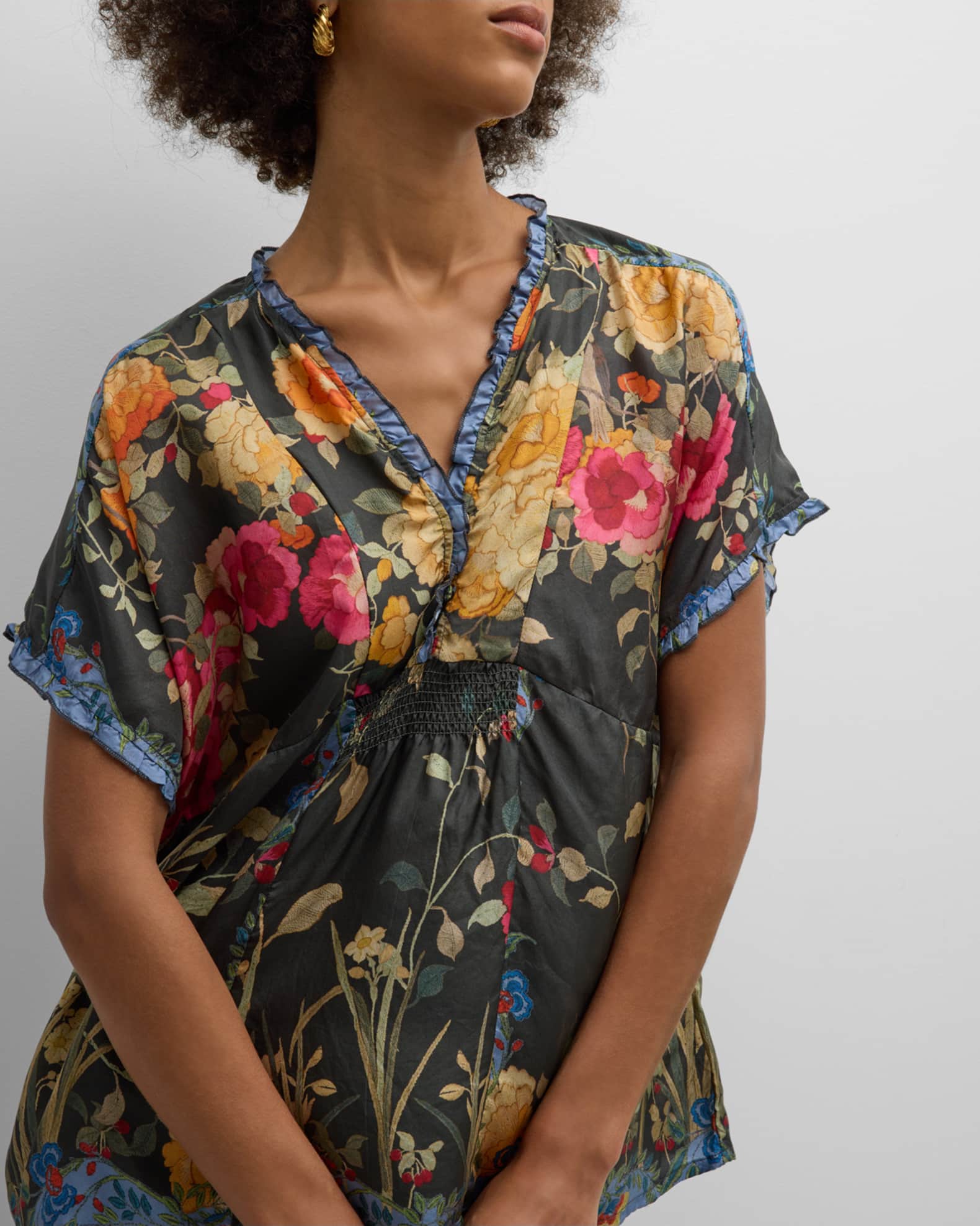 Johnny Was Graceful Galavant Floral Print Ruffle Blouse 44 OFF