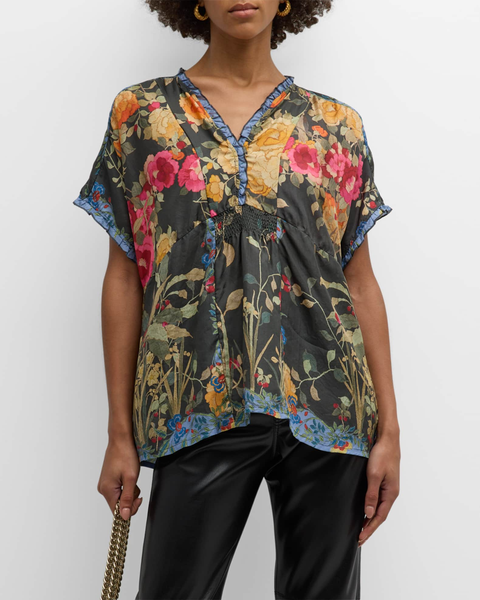 Johnny Was Graceful Galavant Floral-Print Ruffle Blouse | Neiman Marcus