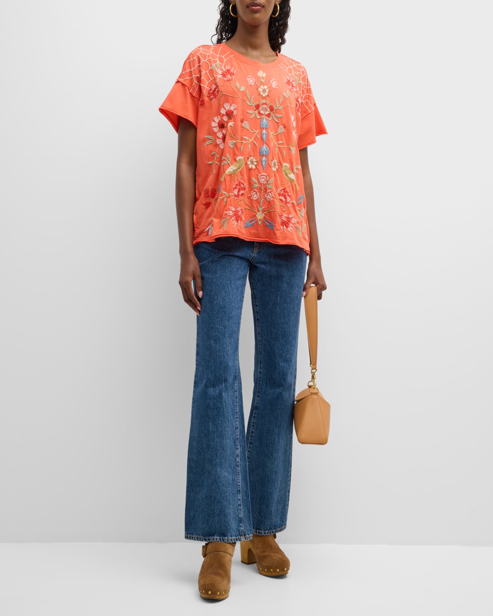 Johnny Was Clara Floral-Embroidered Cotton Swing Tee | Neiman Marcus