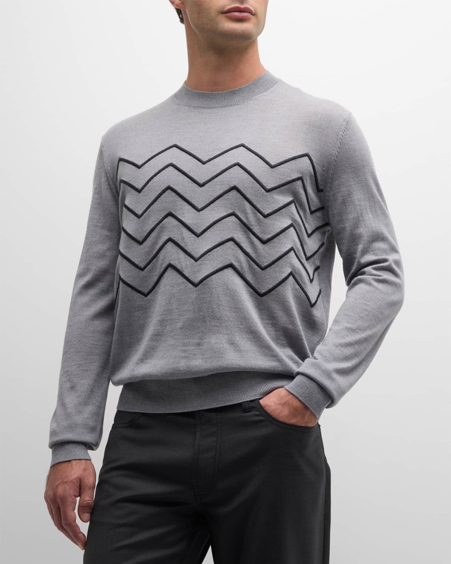 素晴らしい外見 Emporio Armani Men's Embroidered Zigzag Wool Sweater トップス