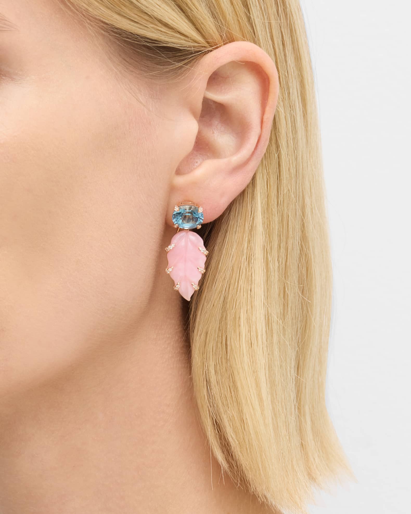 18K Rose Gold Oval Blue Topaz, Carved Pink Opal and Round Diamond Earrings 1