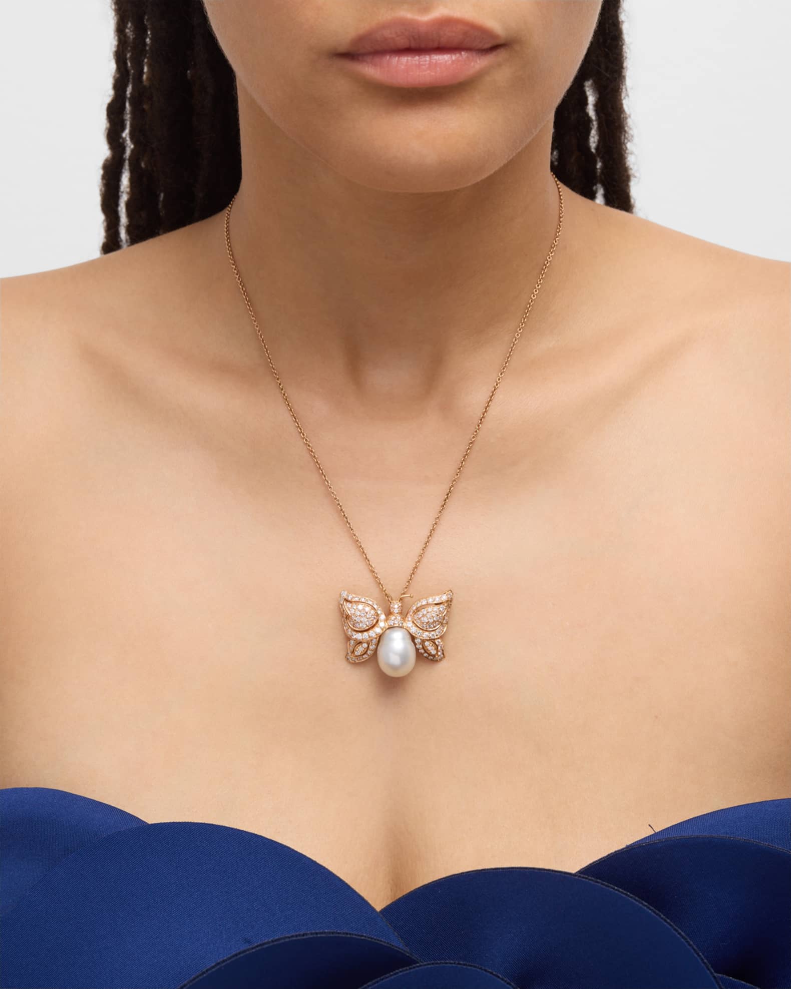 18K Rose Gold White South Sea Pearl and Diamond Butterfly Pendant Necklace 1