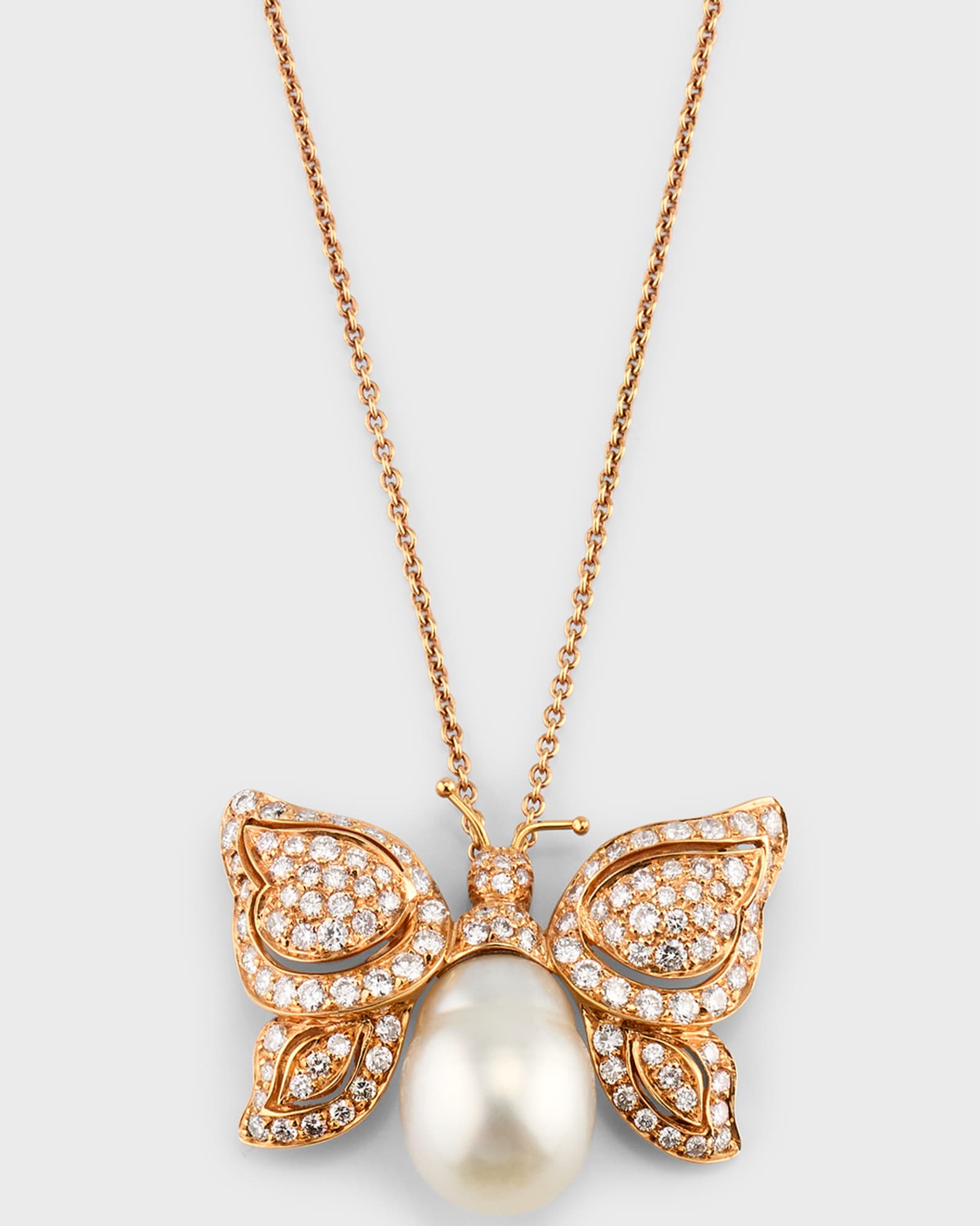 18K Rose Gold White South Sea Pearl and Diamond Butterfly Pendant Necklace 0