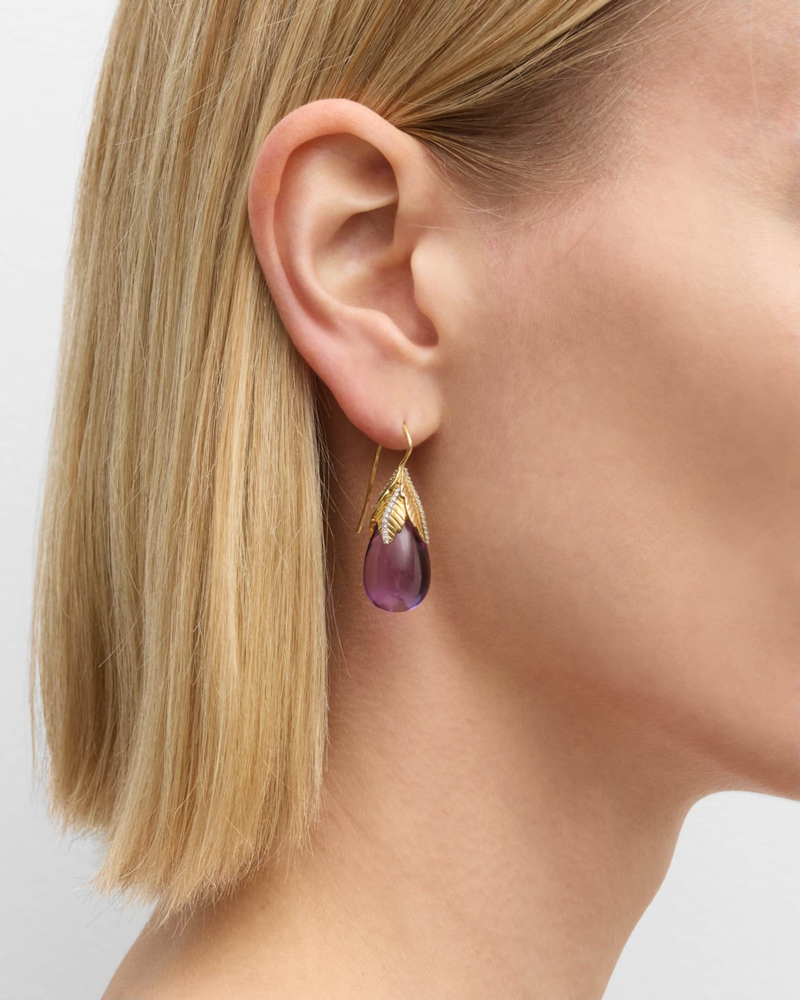 18K White and Yellow Gold Drop Amethyst Earrings with Round Diamonds, 1.5"L 1