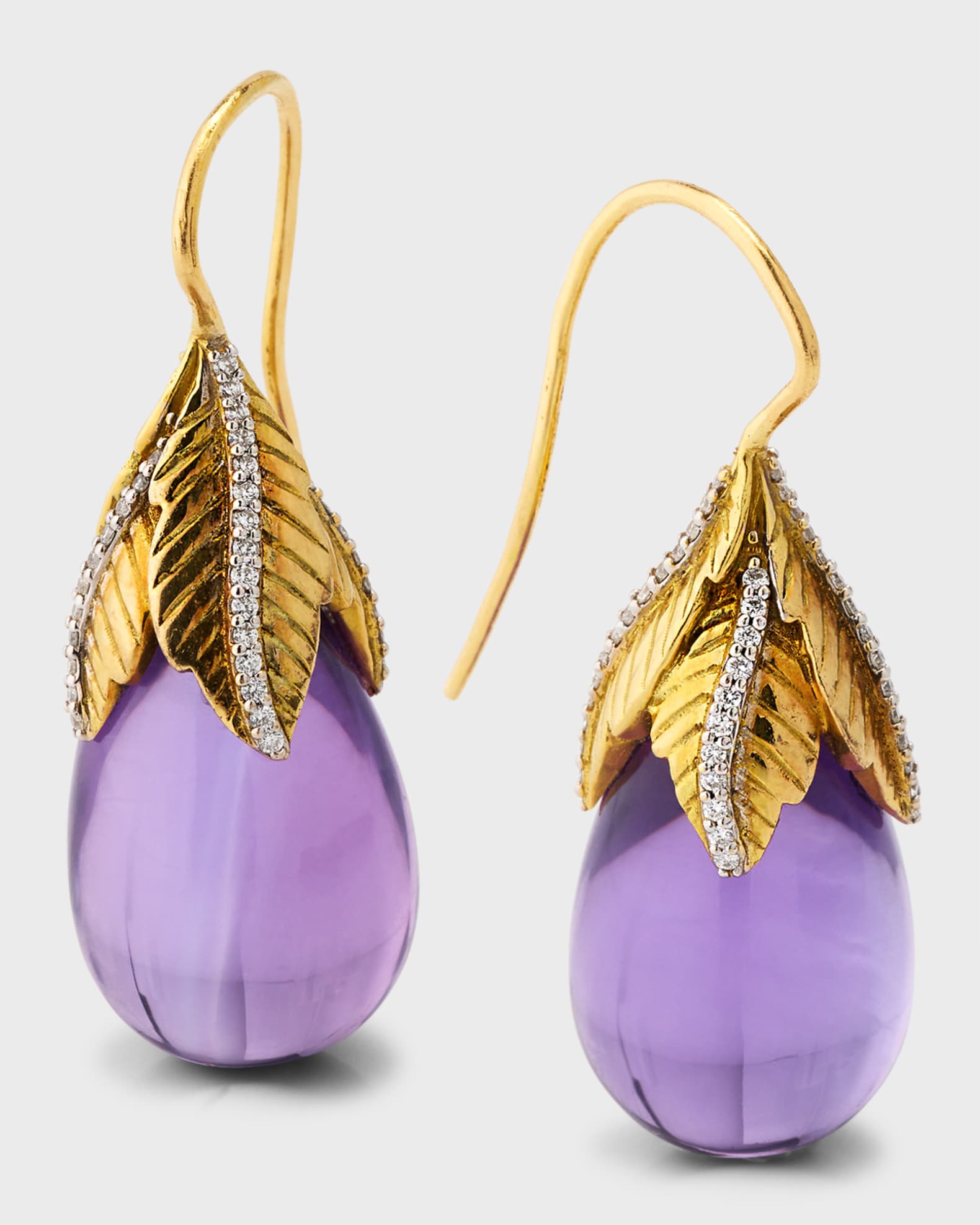 18K White and Yellow Gold Drop Amethyst Earrings with Round Diamonds, 1.5"L 0