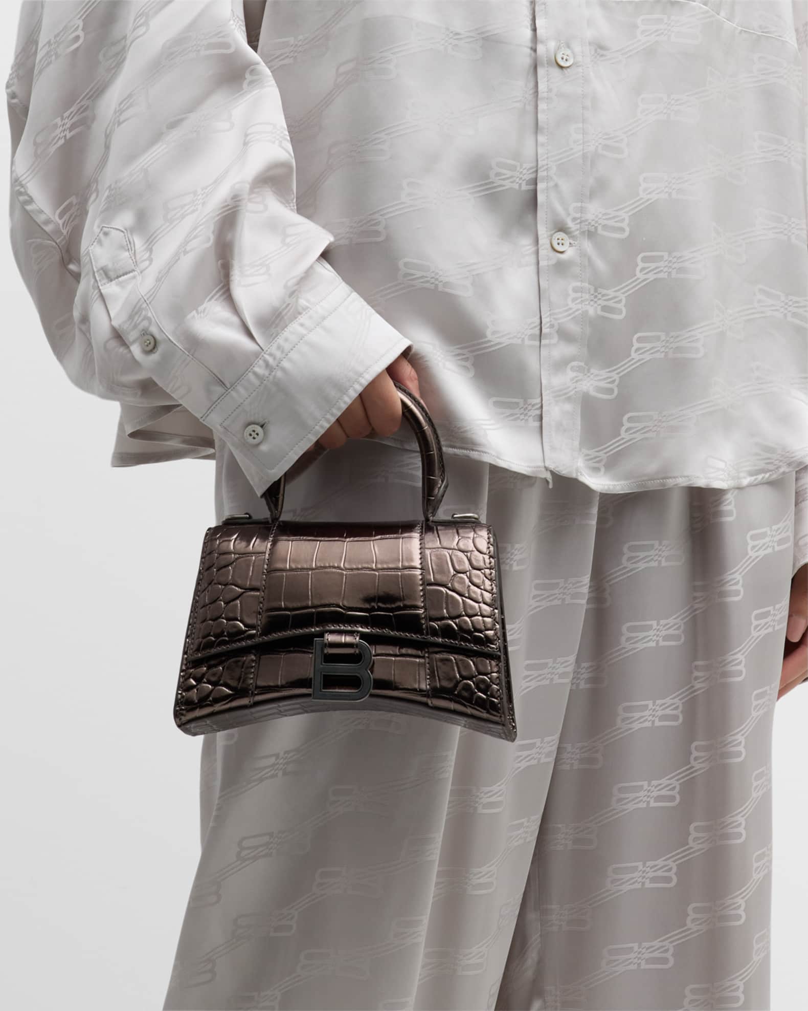 Hourglass XS Croc Effect Leather Tote Bag in Metallic - Balenciaga