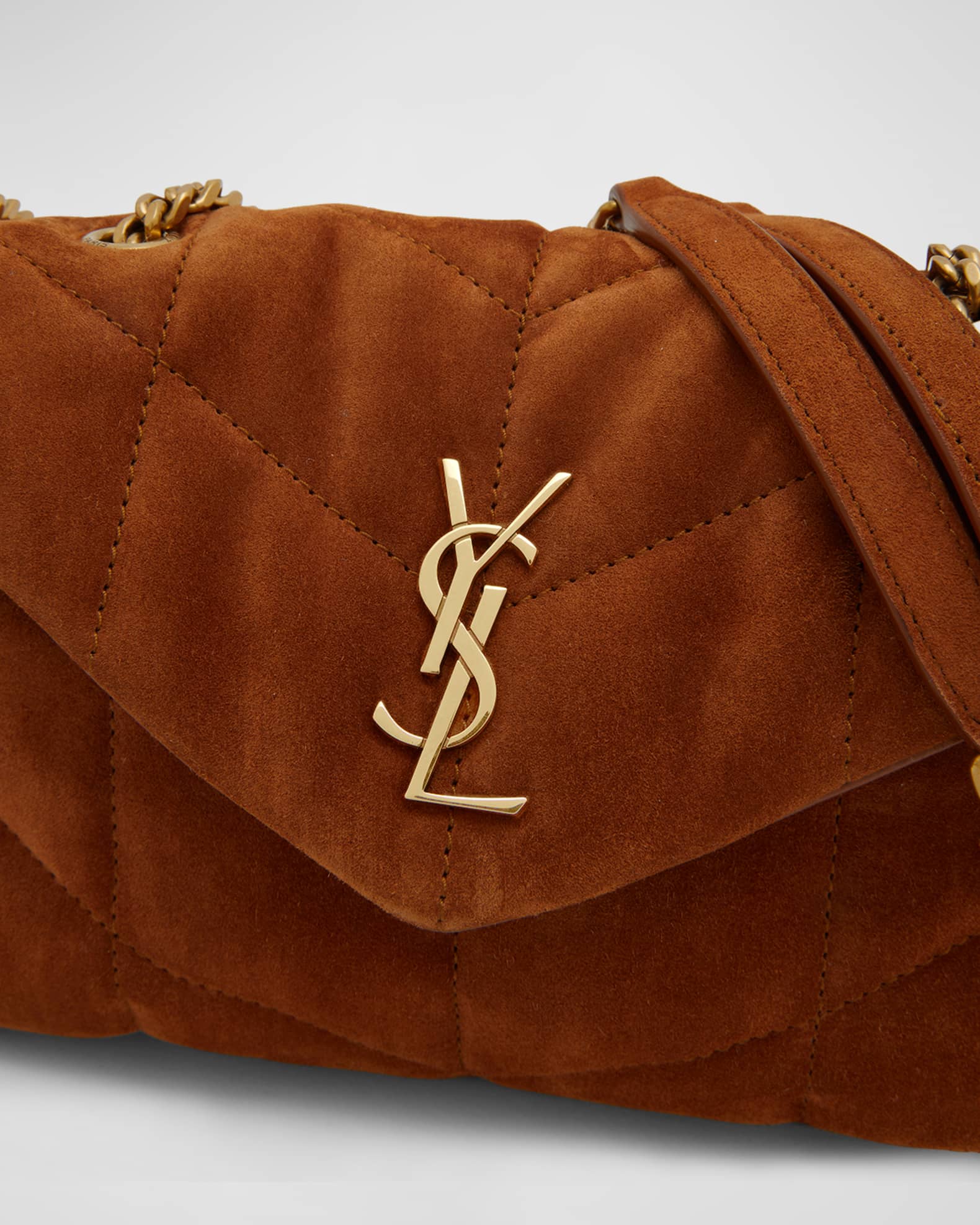 Saint Laurent Puffer Small Bag in Quilted Suede - Brown