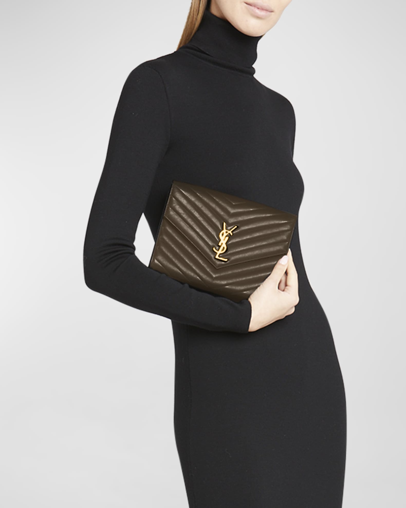 YSL Monogram Flap Clutch Bag in Smooth Leather