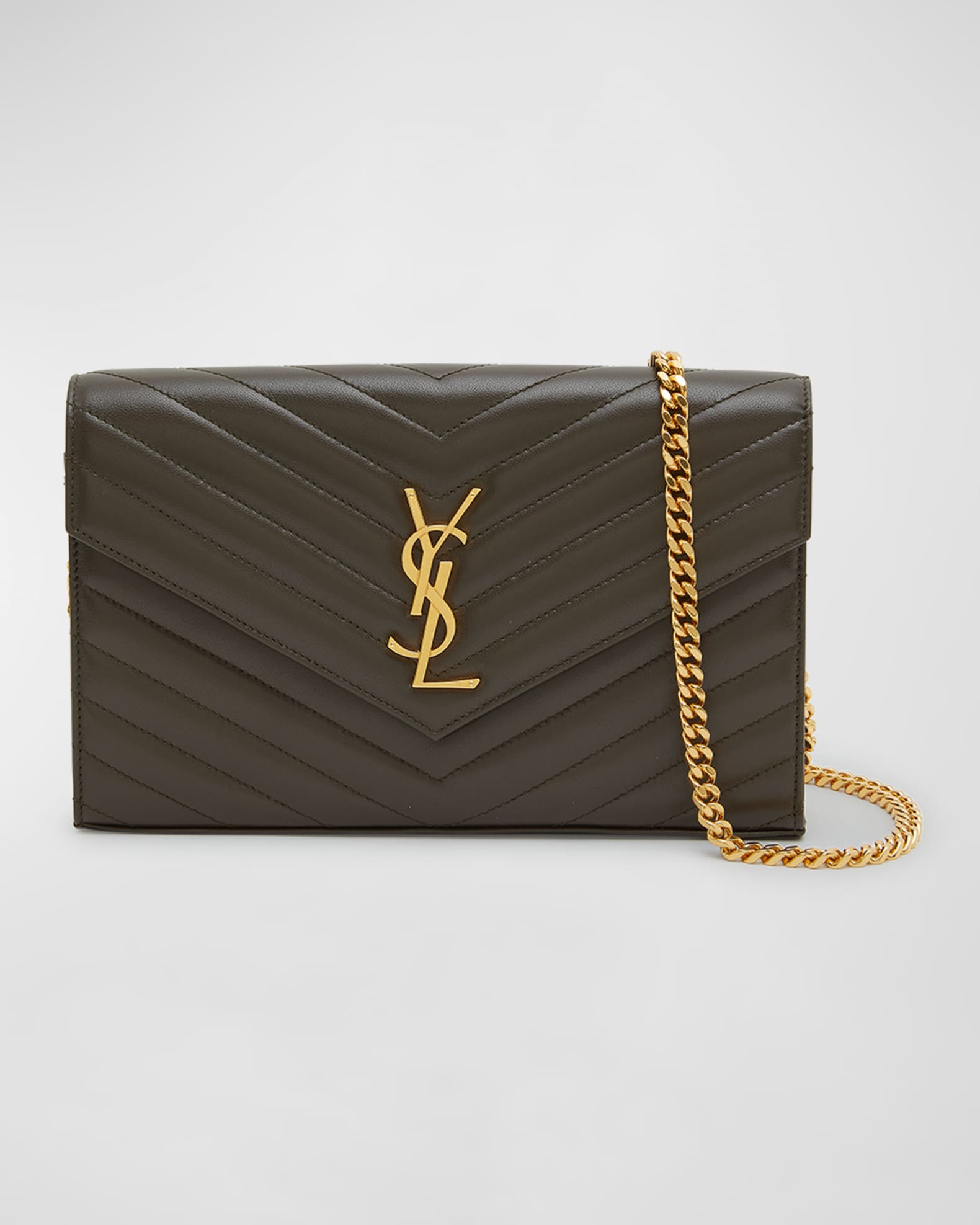 Saint Laurent Envelope Quilted Pebbled Leather Wallet on a Chain