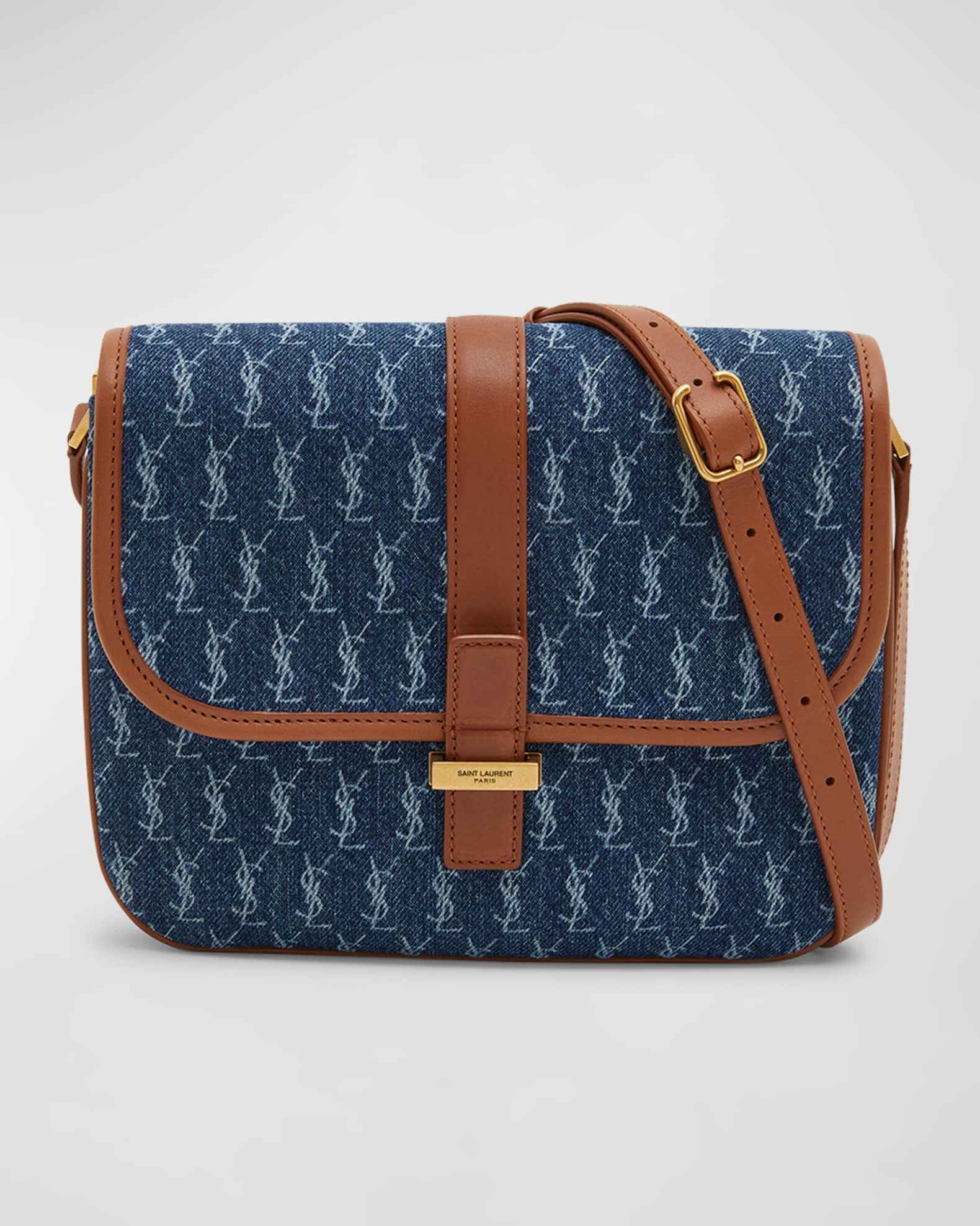 Saint Laurent Le Monogram Satchel YSL Crossbody Bag in Denim and Vegetal Leather Neiman Marcus