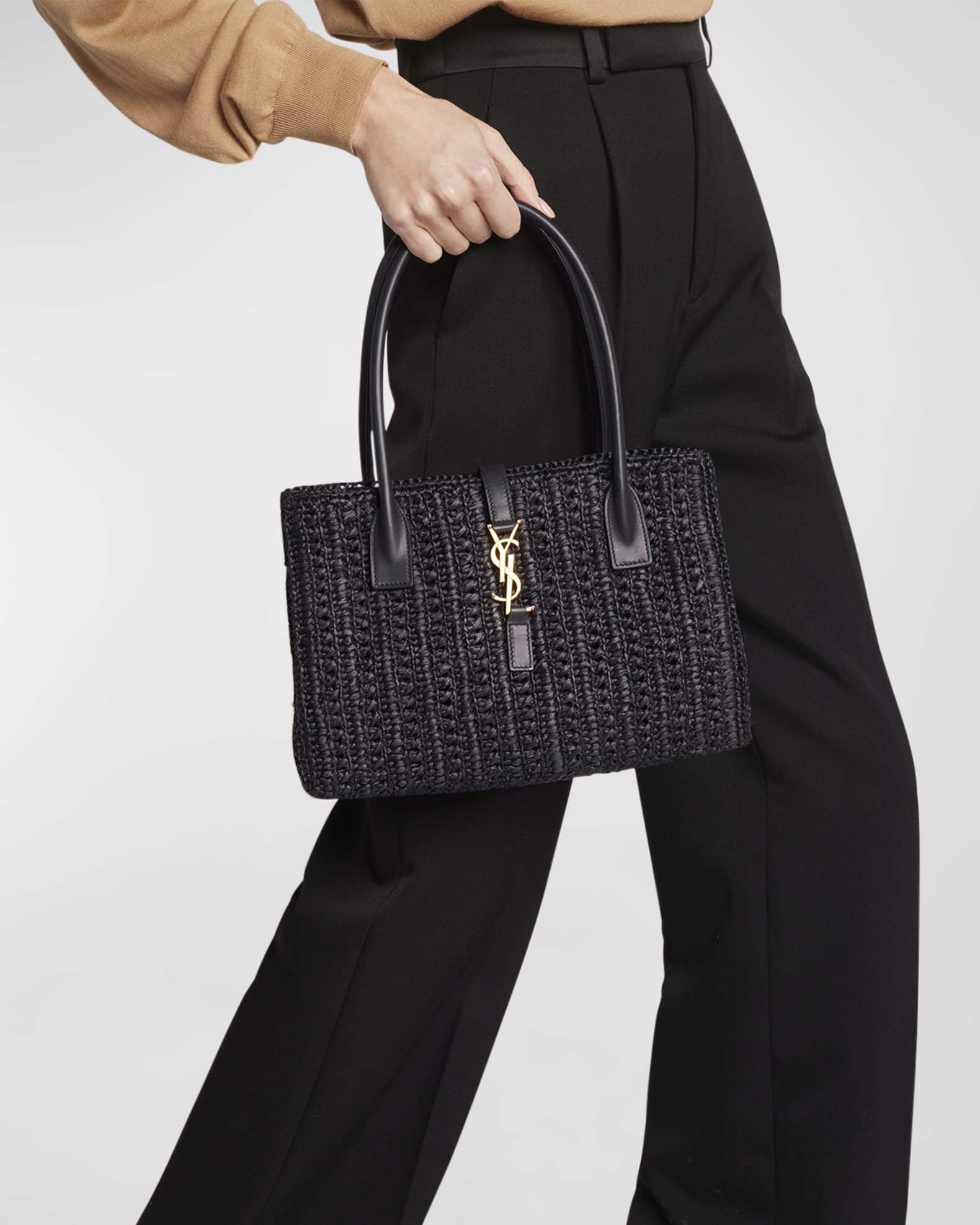 Saint Laurent Panier Rectangular YSL Tote Bag in Raffia | Neiman Marcus